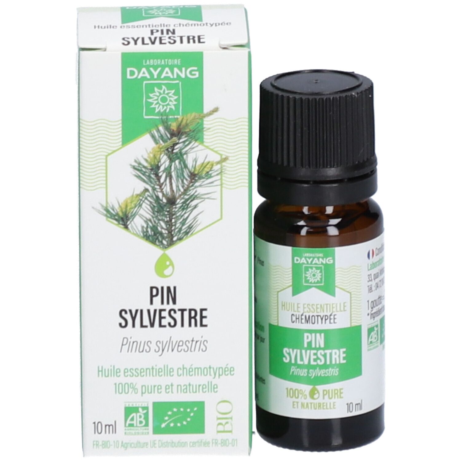 Braune Glasflasche mit schwarzem Deckel und Karton. Karton mit Text: PIN SYLVESTRE, 100% PURE ET NATURELLE. AB-Zertifizierung. 10 ml.