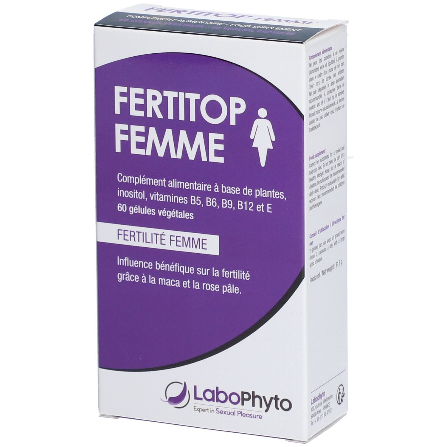 Boîte 'FERTITOP FEMME'. Texte et symbole féminin sur fond violet. Logo 'LaboPhyto' en bas.