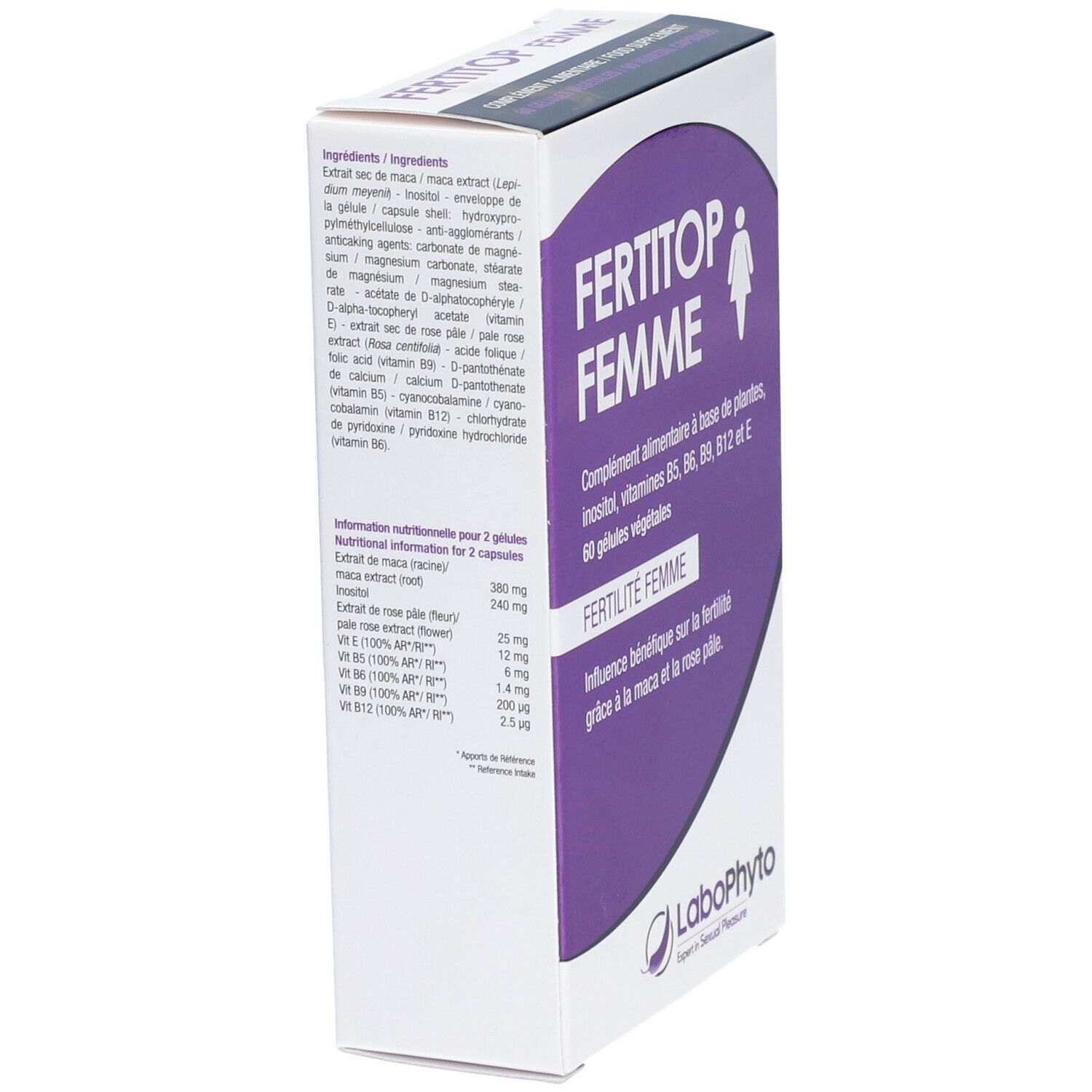Boîte 'FERTITOP FEMME' en biais. Champ violet avec texte. Logo 'LaboPhyto' en bas.
