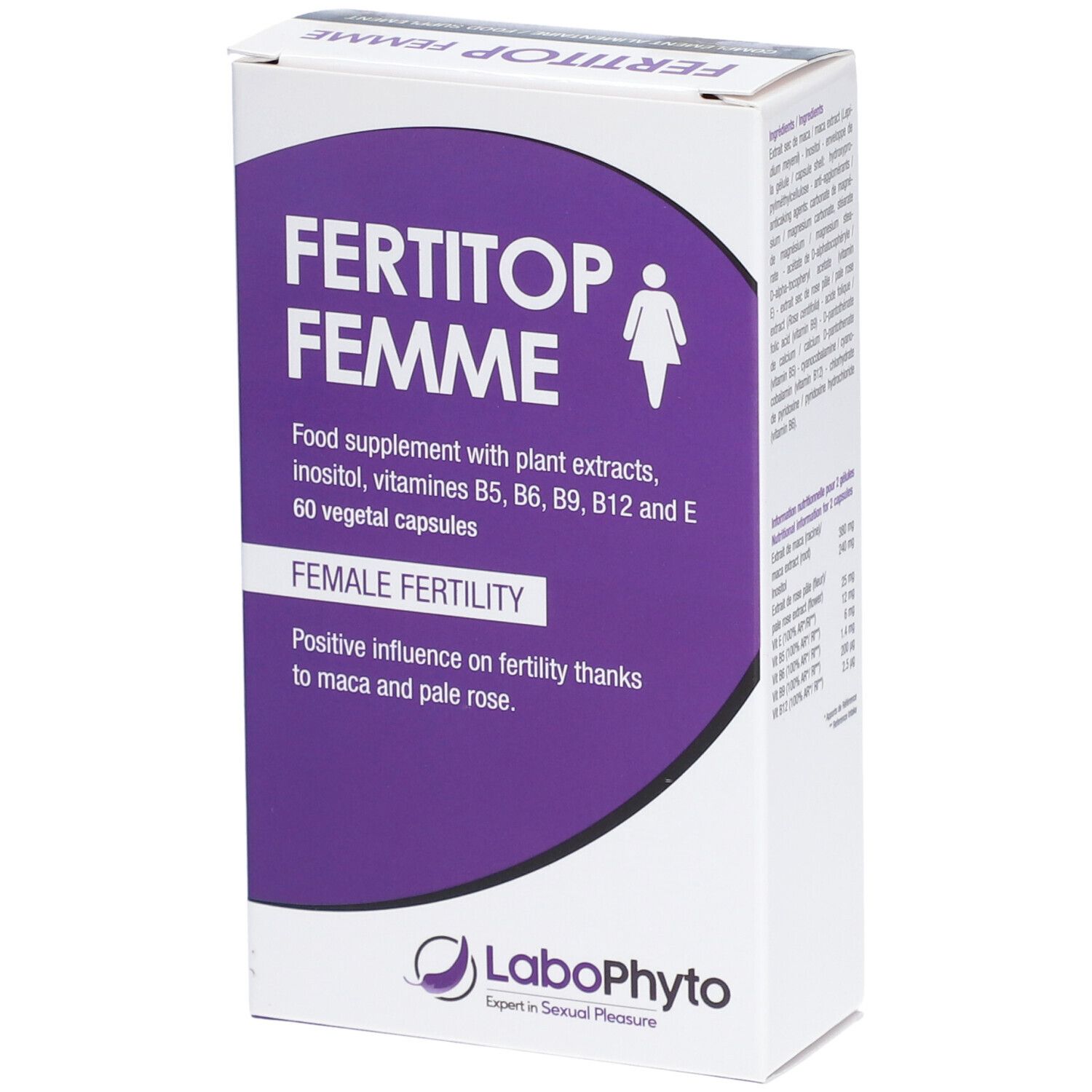 Boîte 'FERTITOP FEMME'. Texte et symbole féminin sur fond violet. Logo 'LaboPhyto' en bas.