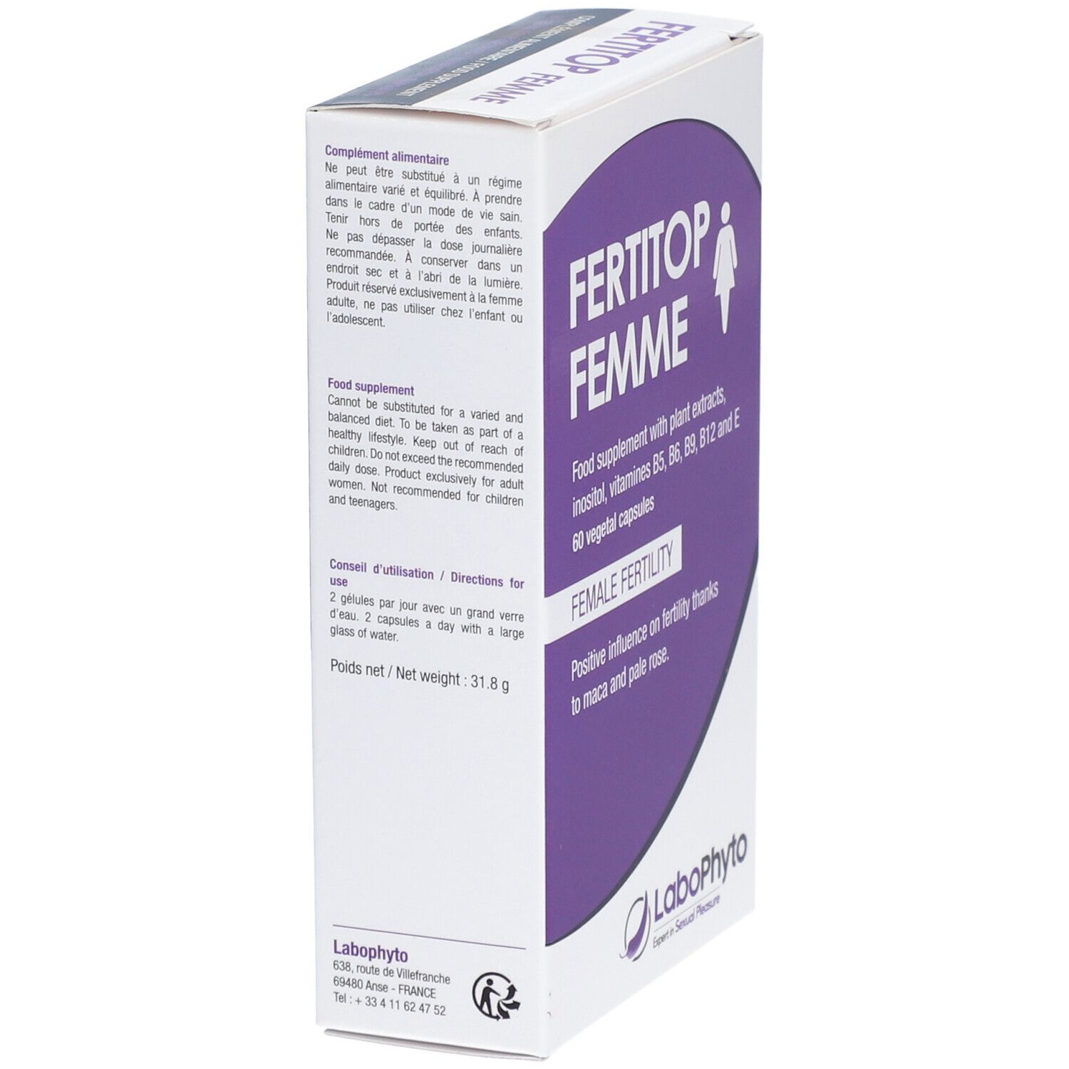 Boîte 'FERTITOP FEMME' en biais. Champ violet avec texte. Logo 'LaboPhyto' en bas.