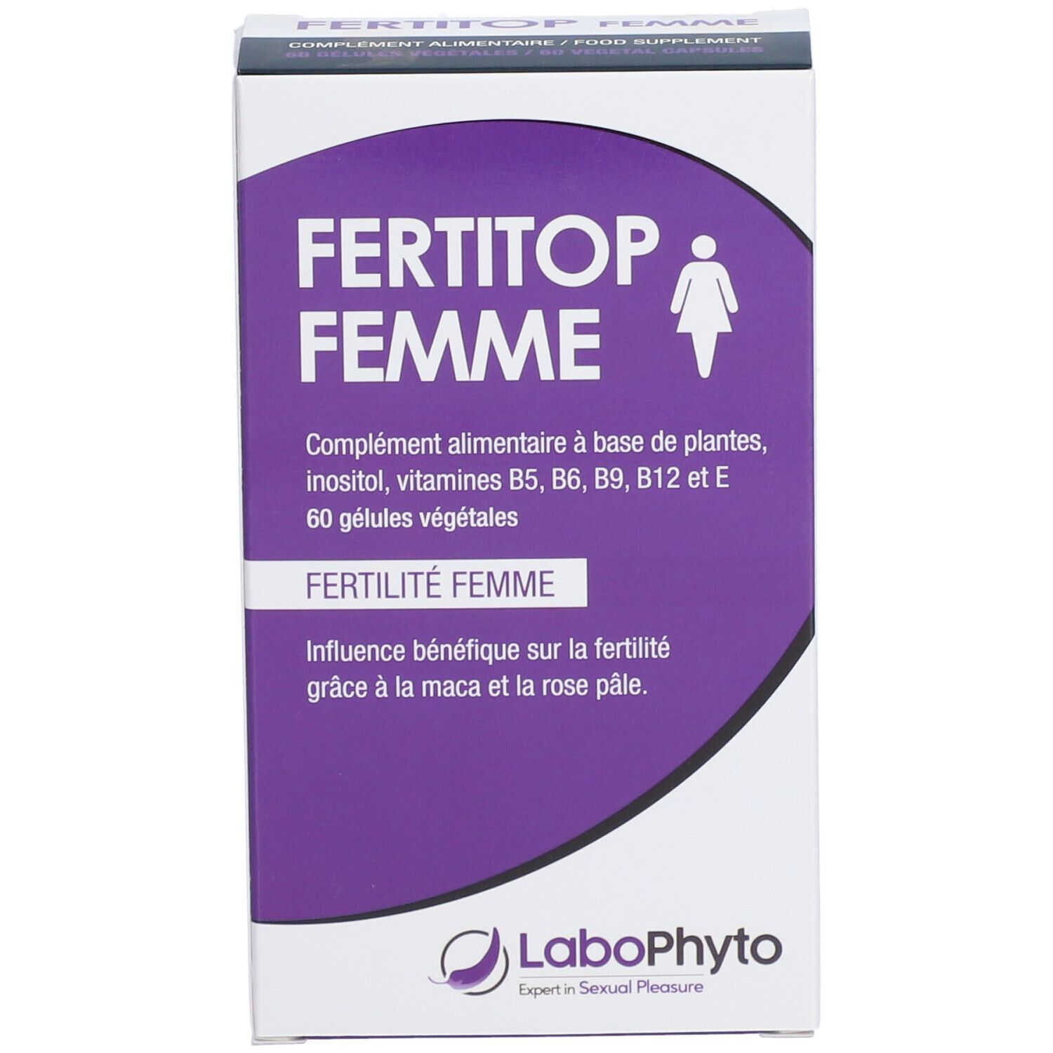 Boîte 'FERTITOP FEMME'. Texte et symbole féminin sur fond violet. Logo 'LaboPhyto' en bas.