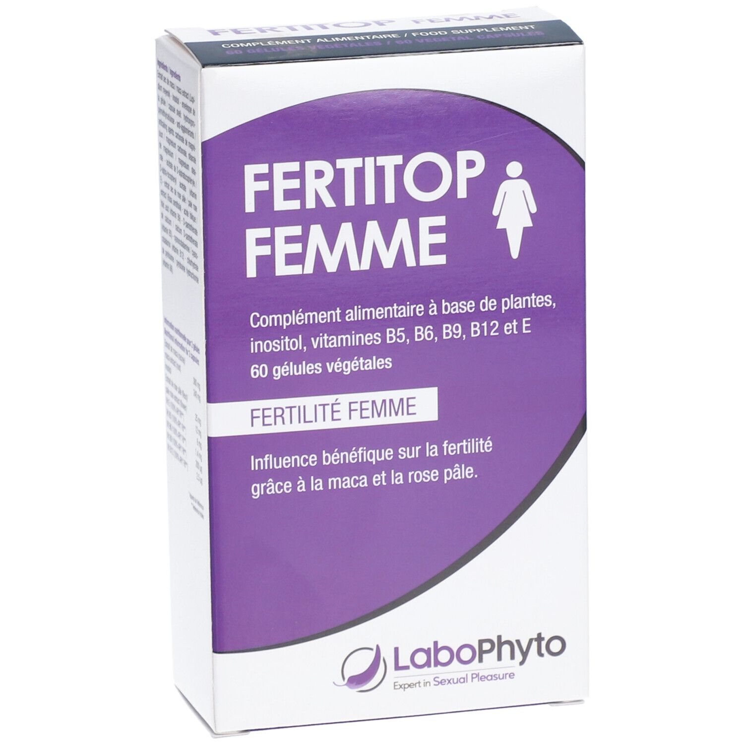 Boîte 'FERTITOP FEMME'. Texte et symbole féminin sur fond violet. Logo 'LaboPhyto' en bas.