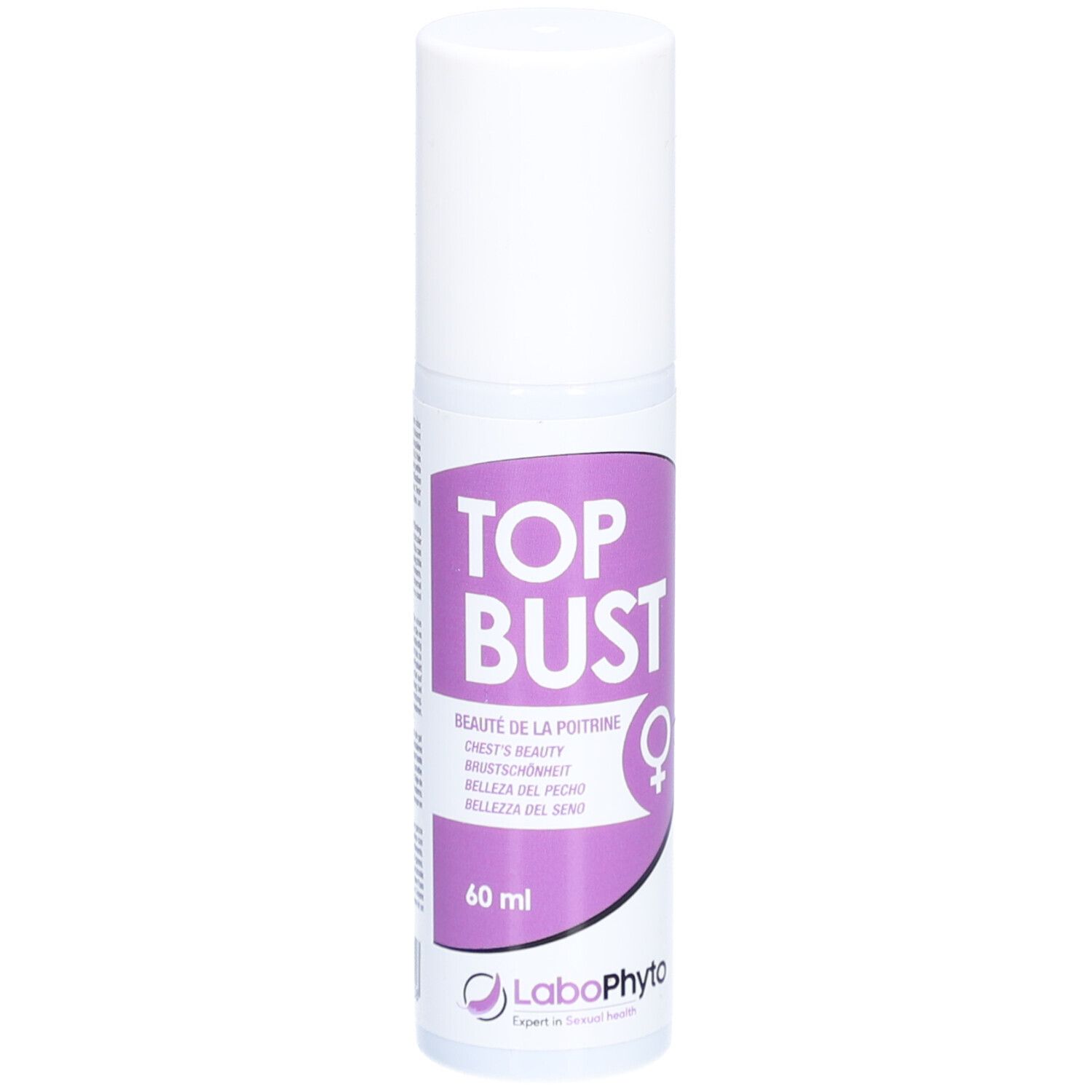 Witte cilinder met paars etiket. Opschrift: TOP BUST, 60 ml. Logo: LaboPhyto.