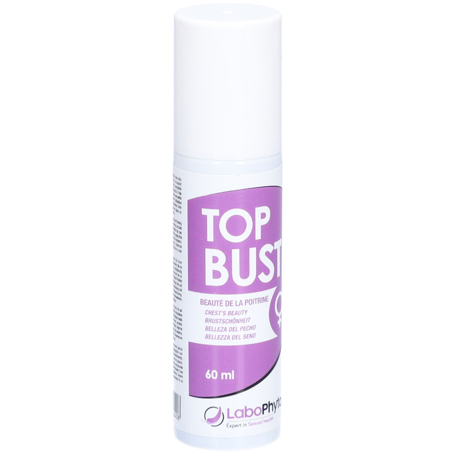 Witte cilinder met paars etiket. Opschrift: TOP BUST, 60 ml. Logo: LaboPhyto.