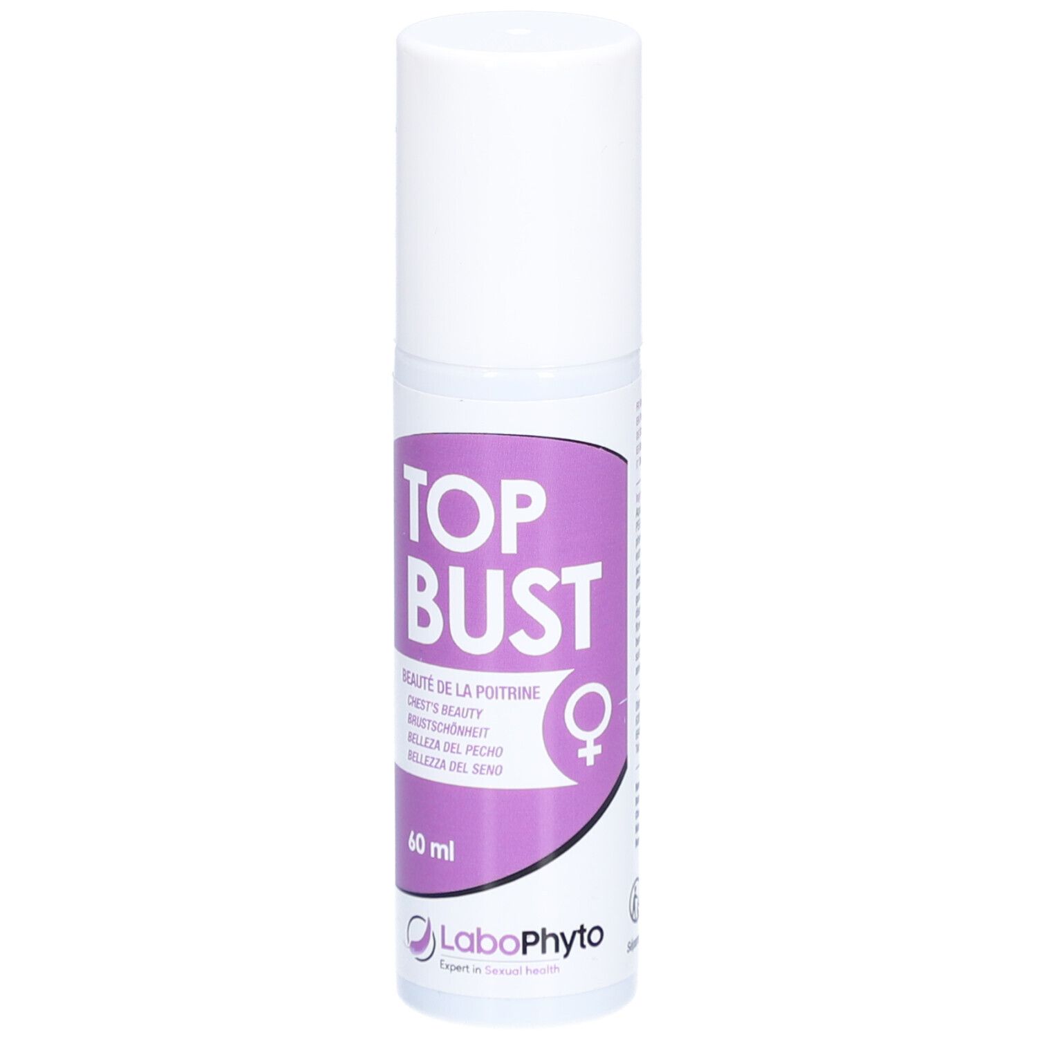 Witte cilinder met paars etiket. Opschrift: TOP BUST, 60 ml. Logo: LaboPhyto.