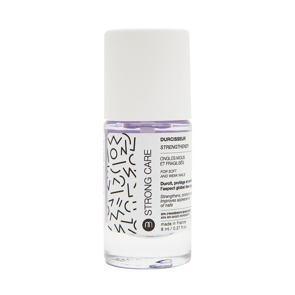 Flacon de durcisseur pour ongles, bouchon blanc. Inscription Strong Care. Pour ongles mous et fragiles. 8 ml.