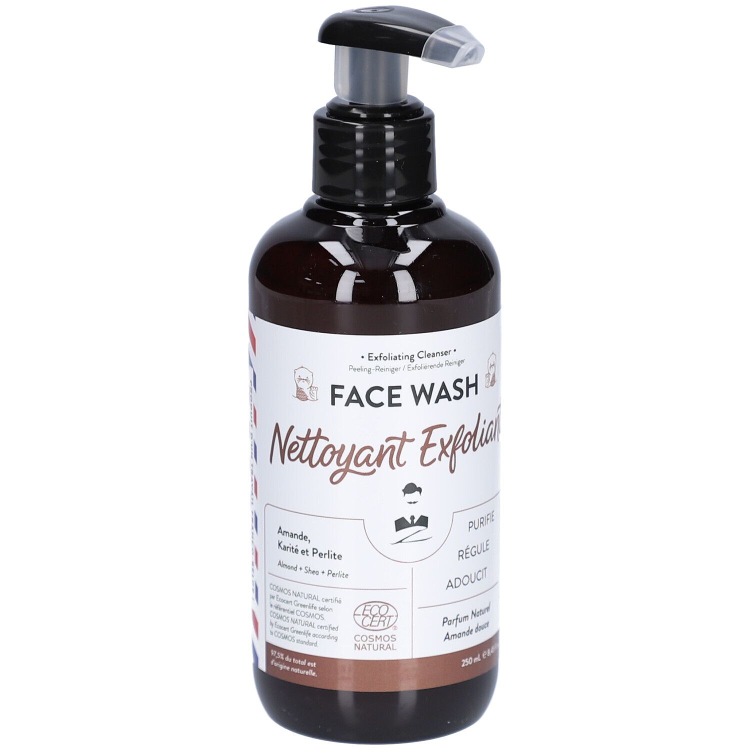 Braune Flasche mit schwarzem Pumpkopf. Aufschrift: Face Wash, Nettoyant Exfoliant. Zertifizierung: Cosmos Natural.