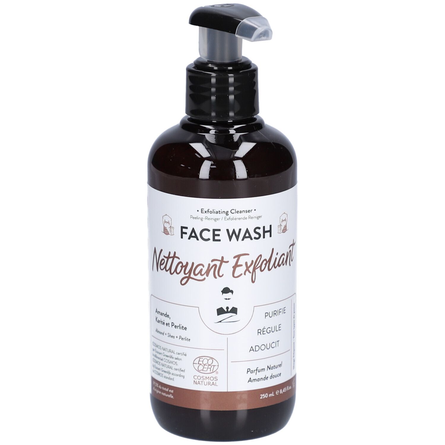 Braune Flasche mit schwarzem Pumpkopf. Aufschrift: Face Wash, Nettoyant Exfoliant. Zertifizierung: Cosmos Natural.
