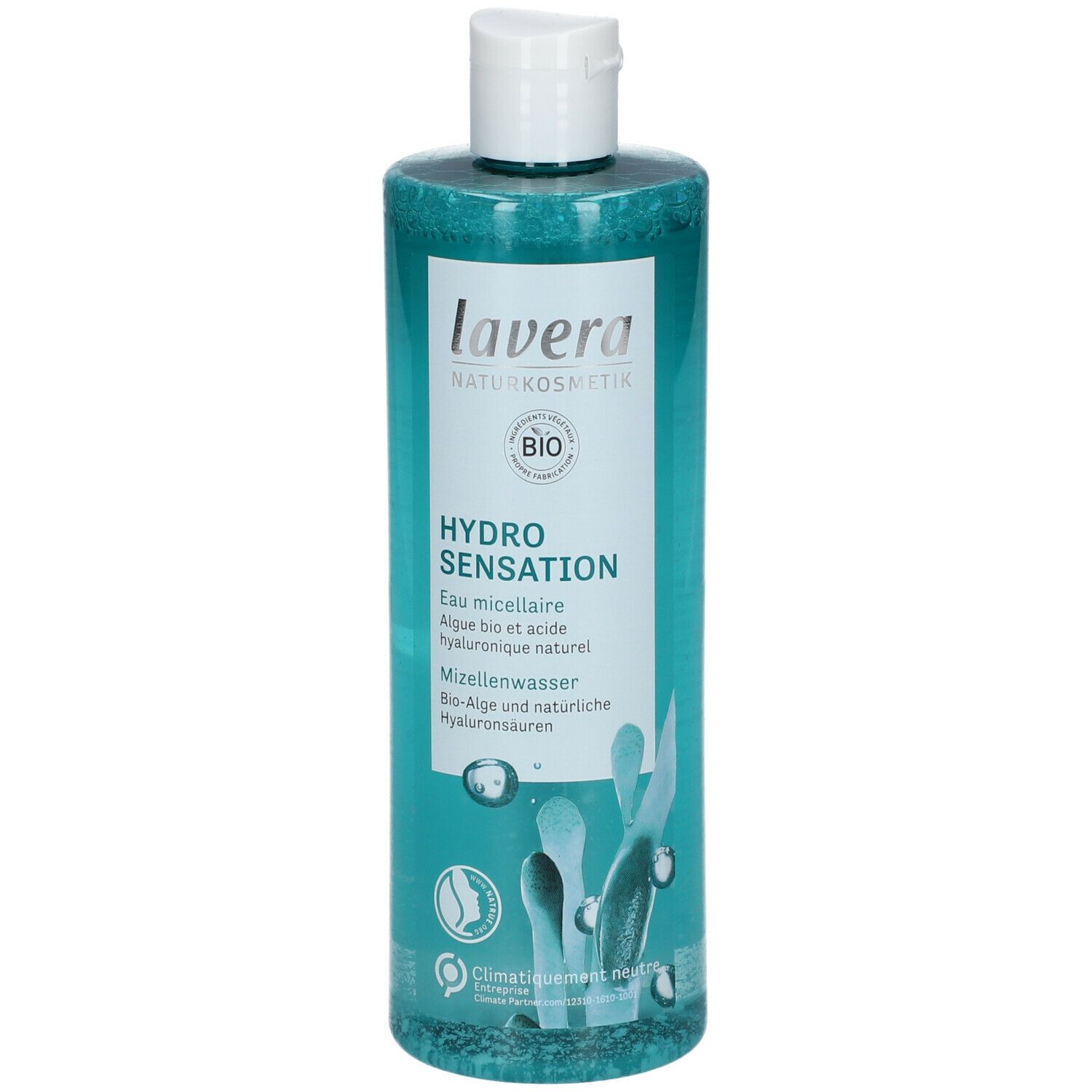 Lavera Hydro Sensation Mizellenwasser. Transparente Flasche mit blauem Inhalt. Weißer Deckel. Text: Hydro Sensation, Bio-Alge.