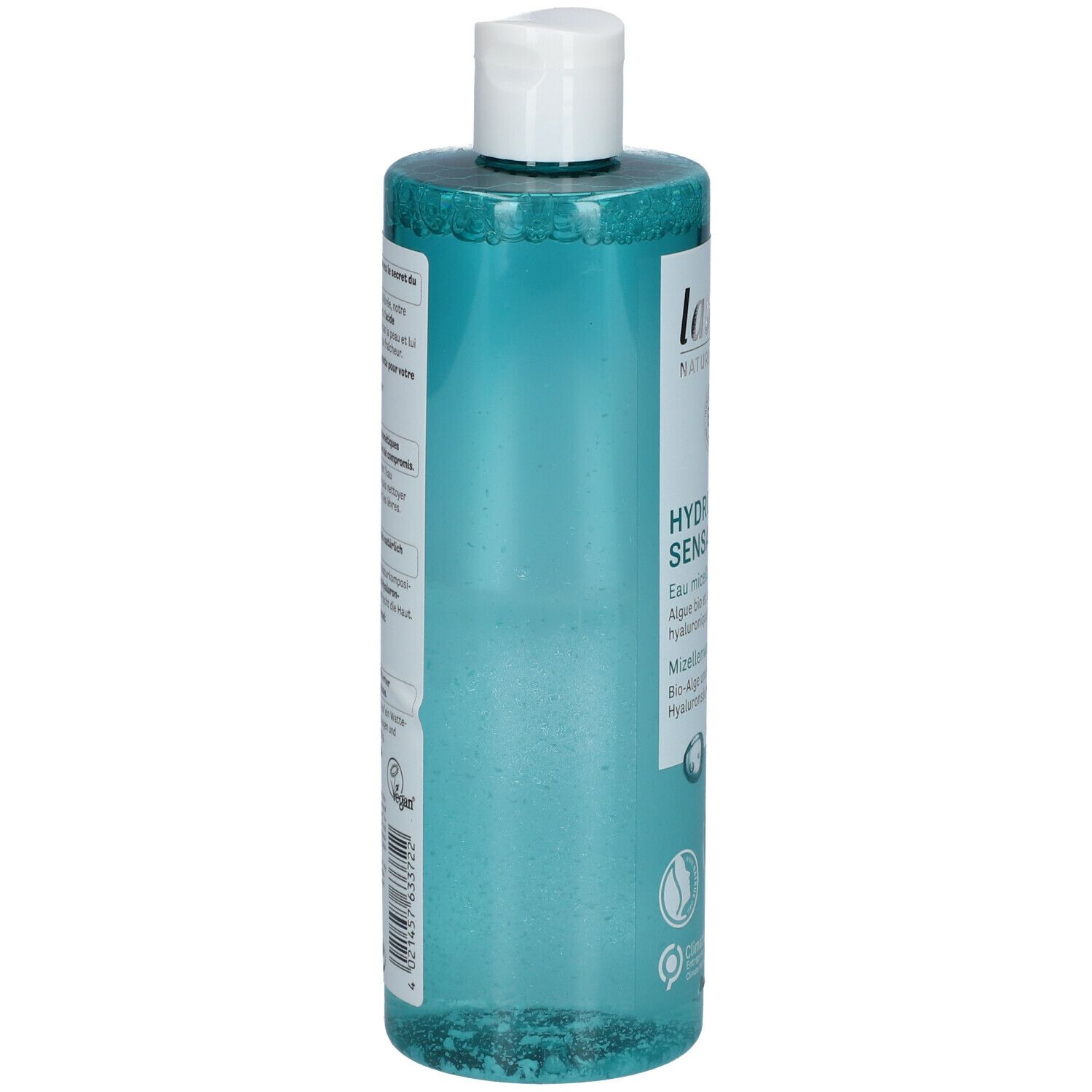 Lavera Hydro Sensation Mizellenwasser. Transparente Flasche, blaue Flüssigkeit. Aufschrift und Logos auf der Seite. Weißer Deckel.