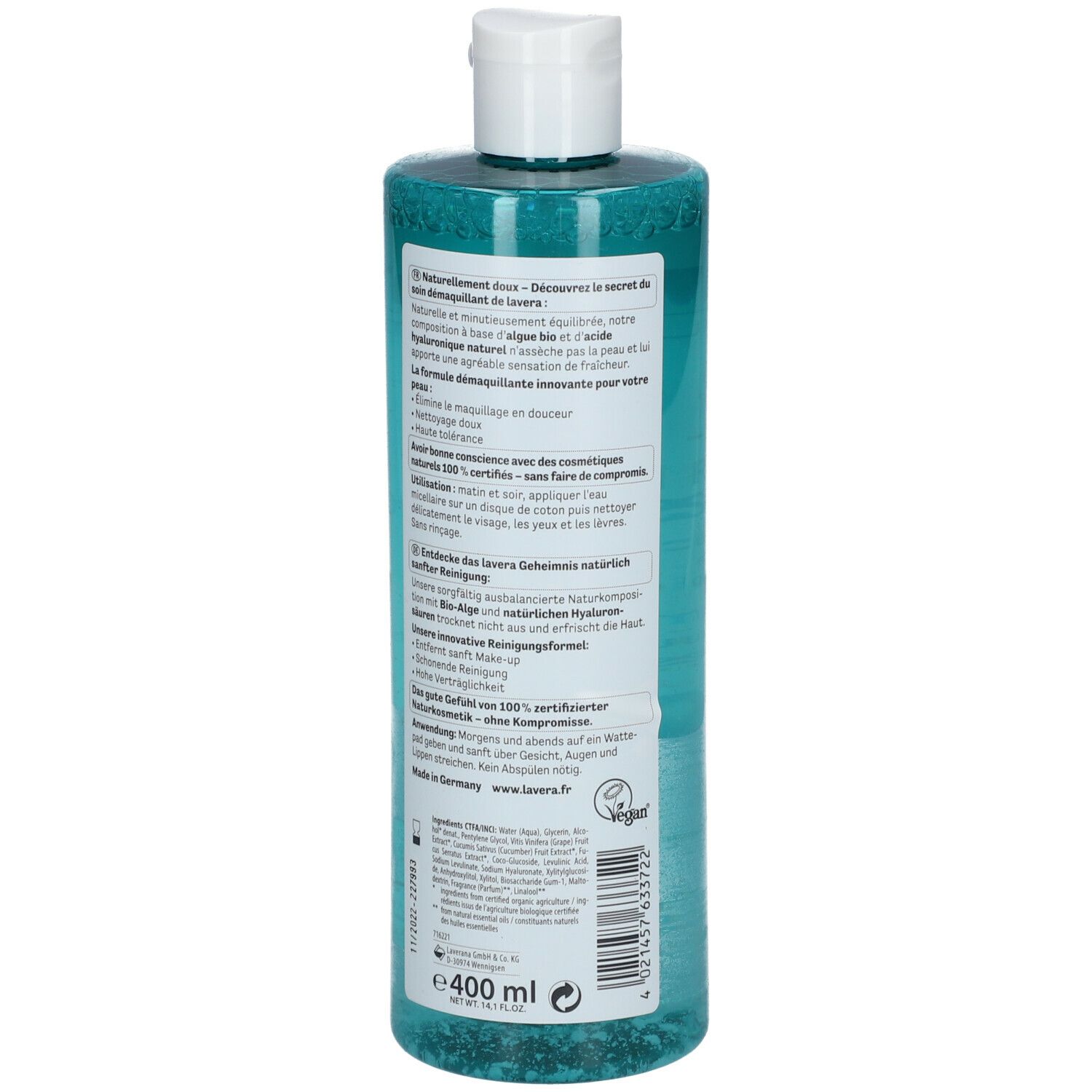 Lavera Hydro Sensation Mizellenwasser. Rückseite der Flasche mit Text. 400 ml. Weißer Deckel. Zertifizierungen und Inhaltsstoffe.