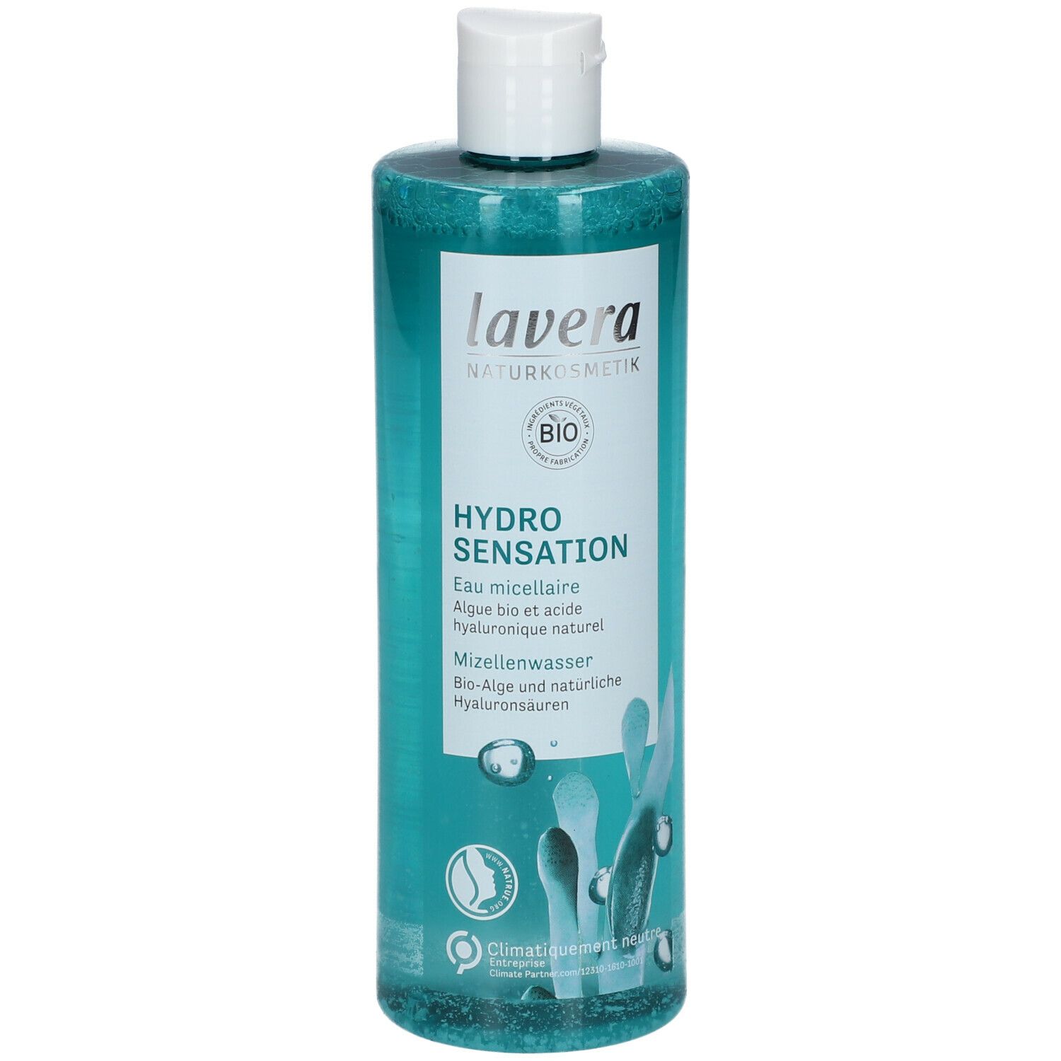 Lavera Hydro Sensation Mizellenwasser. Transparente Flasche mit blauem Inhalt. Weißer Deckel. Text: Hydro Sensation, Bio-Alge.