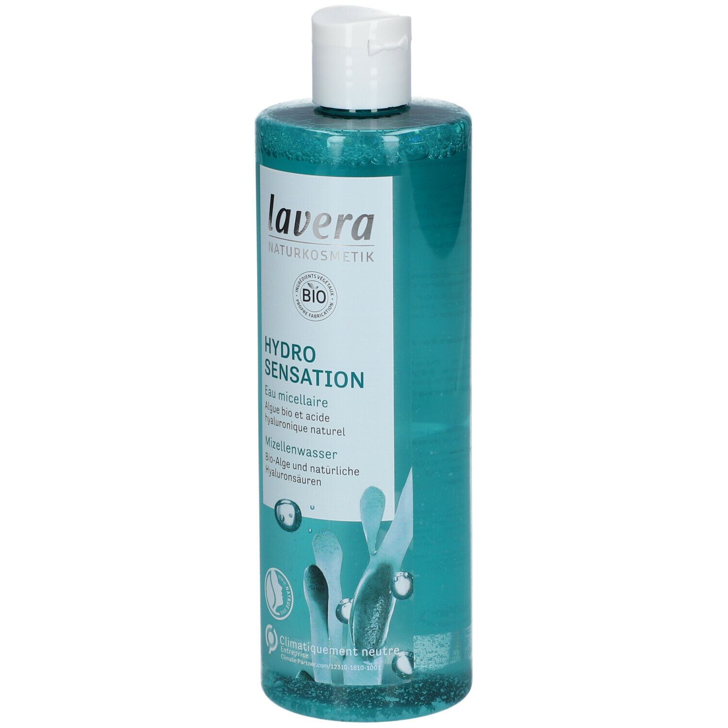 Lavera Hydro Sensation Mizellenwasser. Transparente Flasche mit blauem Inhalt. Weißer Deckel. Text: Hydro Sensation, Bio-Alge.