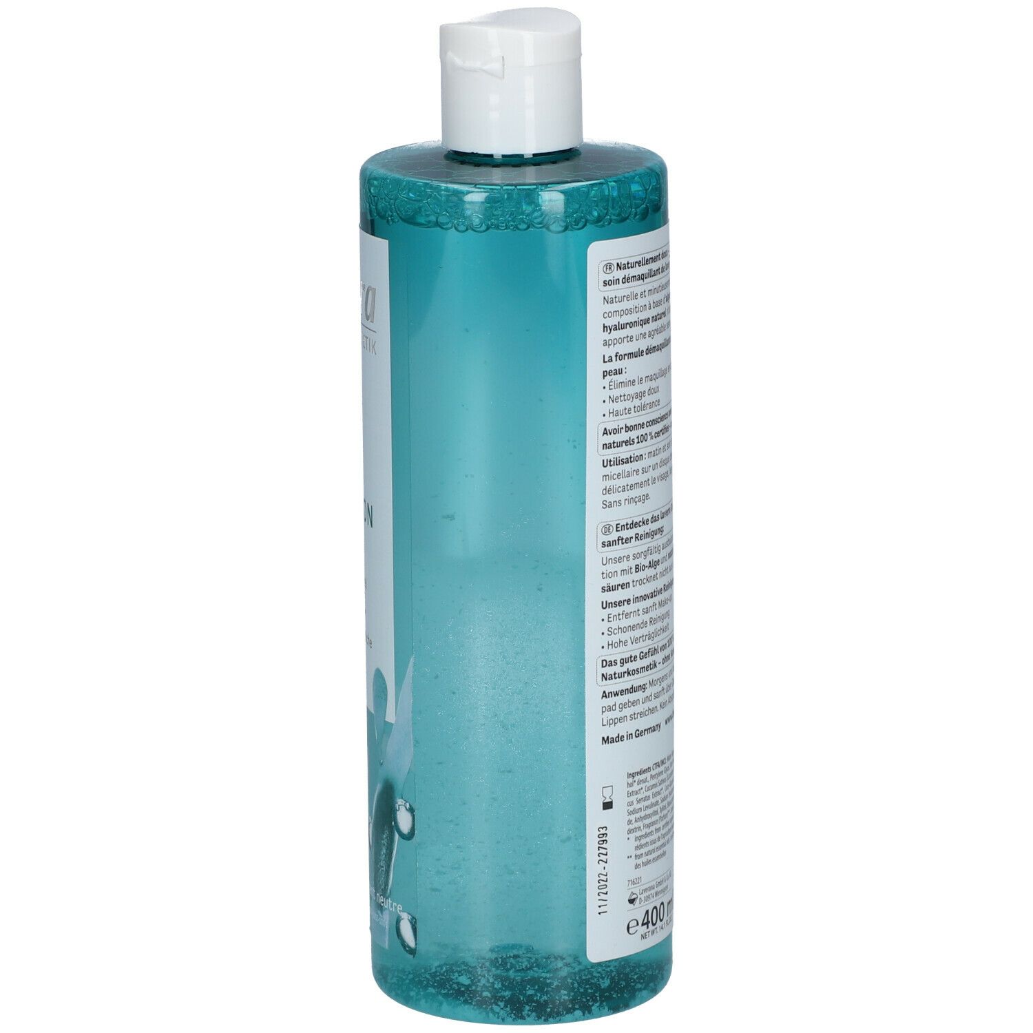 Lavera Hydro Sensation Mizellenwasser. Rückseite der Flasche mit Text. 400 ml. Weißer Deckel. Zertifizierungen und Inhaltsstoffe.