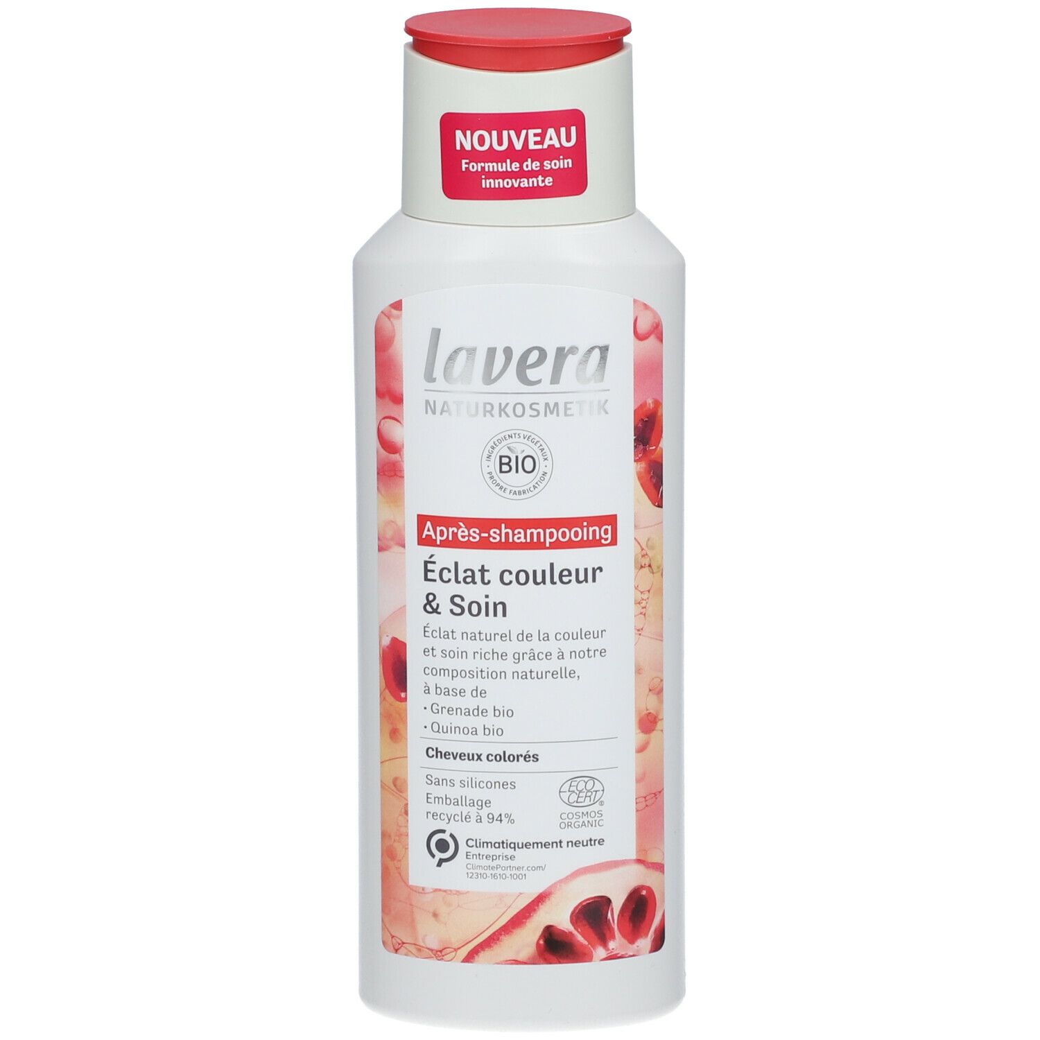 Flacon avec bouchon rouge. Étiquette avec nom du produit, label bio et texte. Après-shampooing Éclat couleur & Soin.