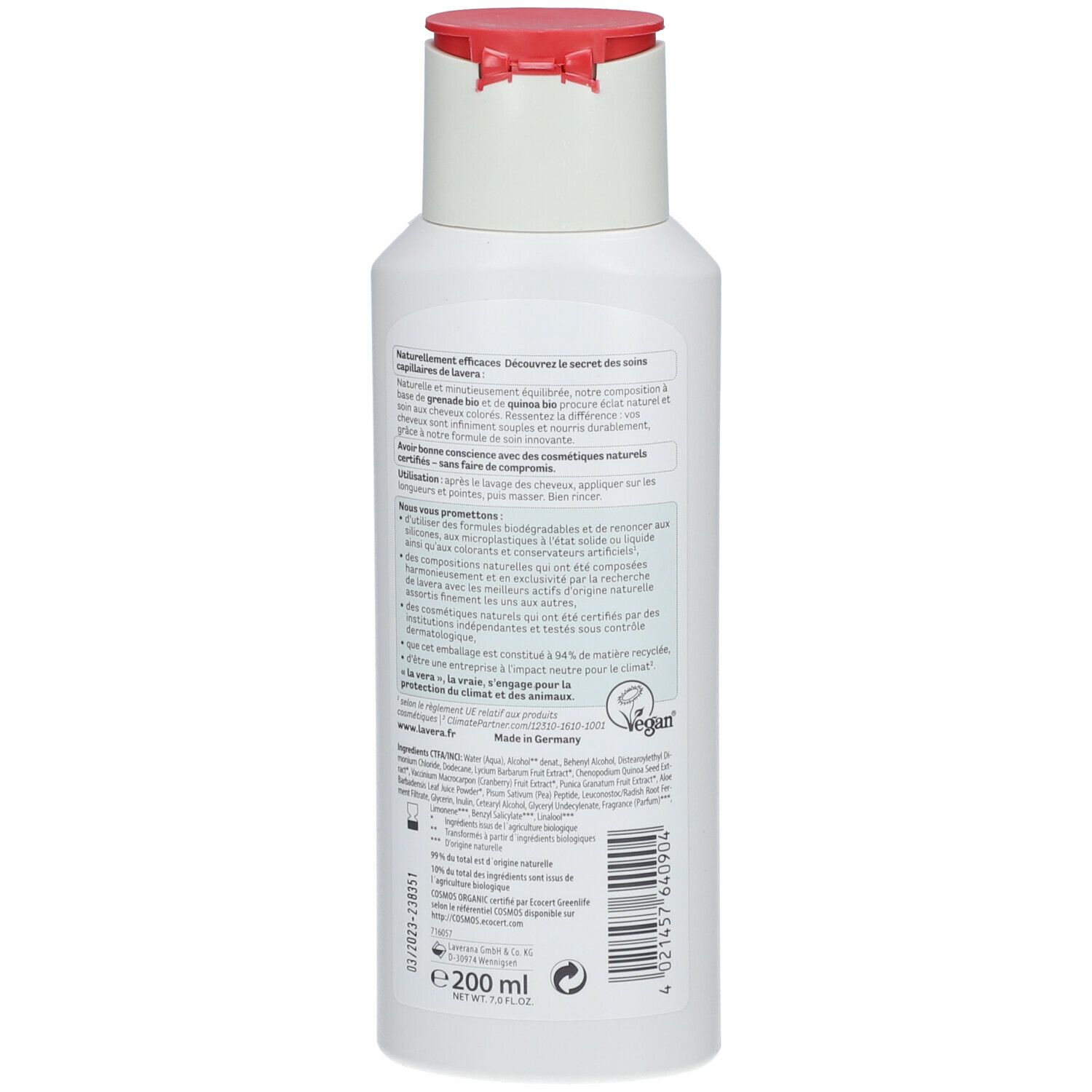 Flacon blanc avec bouchon rouge. Dos avec texte et logo. Label vegan. 200 ml.
