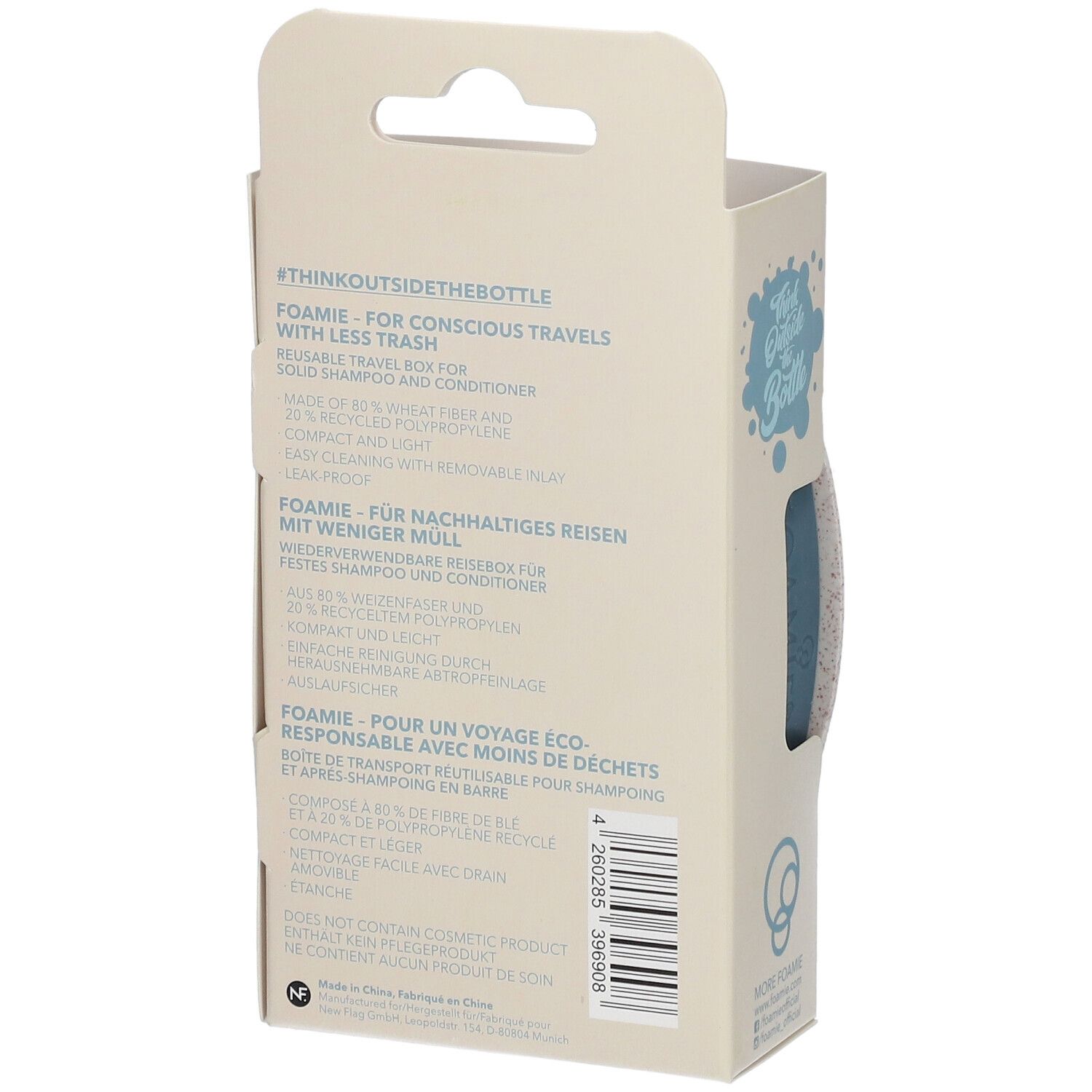 Rückseite der Verpackung. Text: FOAMIE - für nachhaltiges Reisen mit weniger Müll. Produktinformationen in Deutsch, Englisch und Französisch.