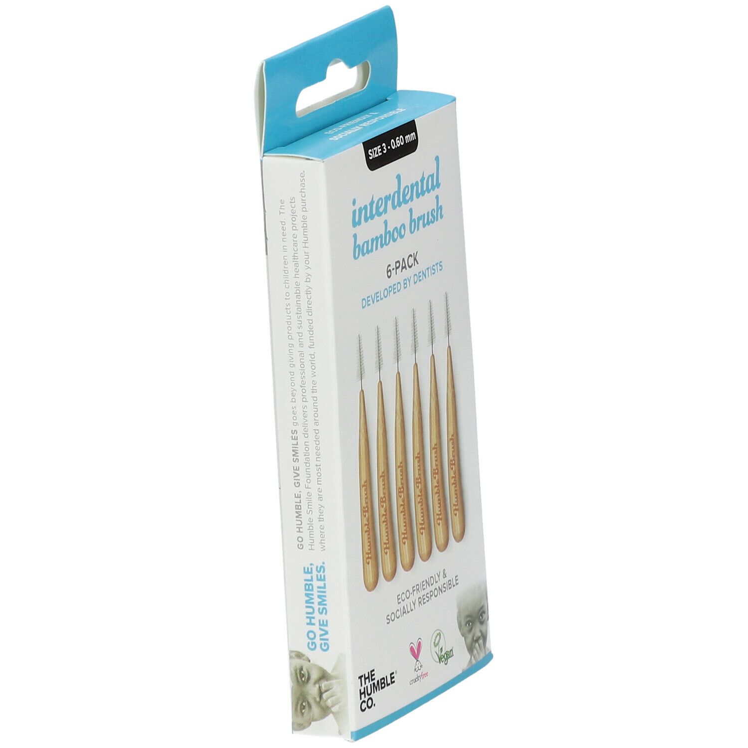 Verpackung mit 6 Bambus-Interdentalbürsten. Größe 3 - 0,60 mm. Marke: The Humble Co. Vegan.