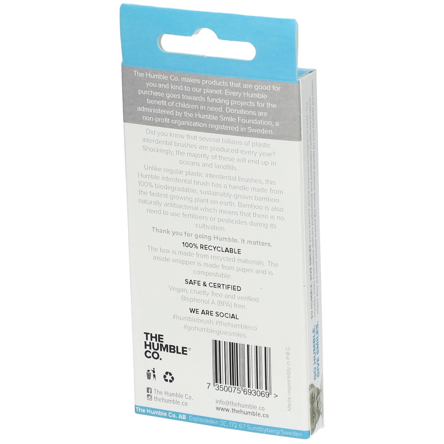 Rückseite der Verpackung mit Text. Marke: The Humble Co. 100% recycelbar. Vegan.
