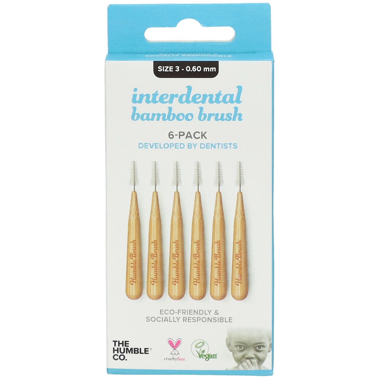 6 Interdentalbürsten aus Bambus in Verpackung. Größe 3 - 0,60 mm. Marke: The Humble Co. Vegan.