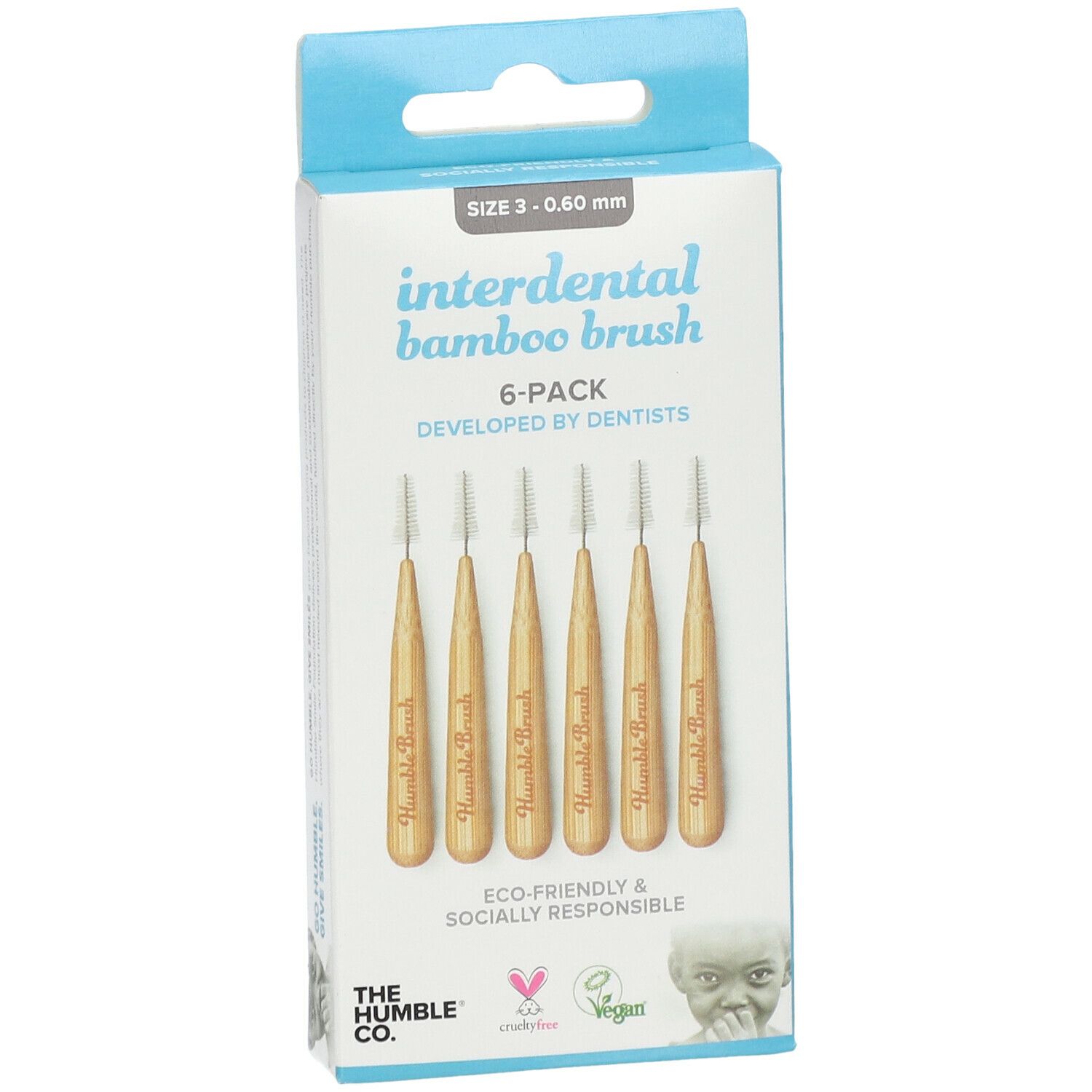 6 Interdentalbürsten aus Bambus in Verpackung. Größe 3 - 0,60 mm. Marke: The Humble Co. Vegan.