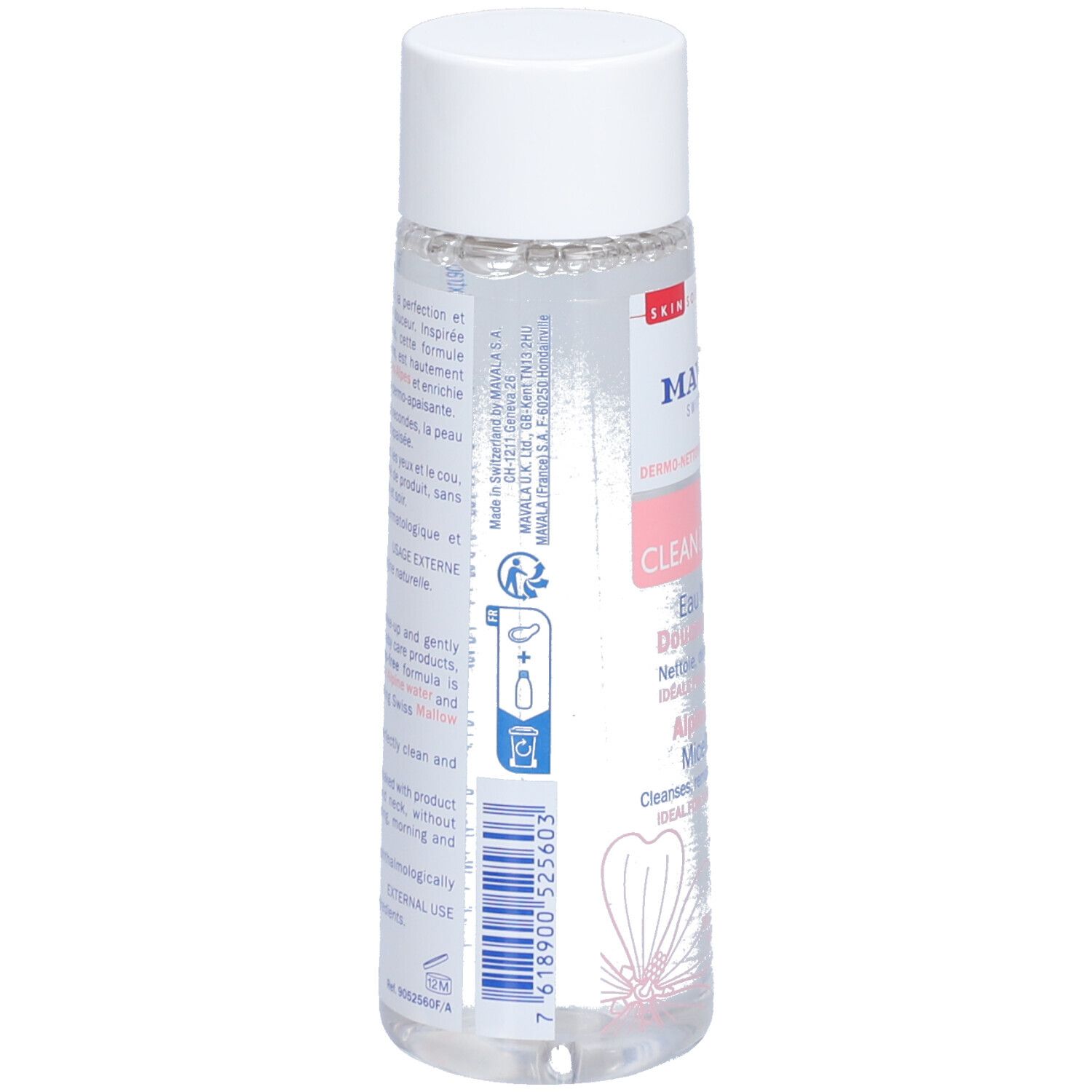 Dos du flacon. Texte: MAVALA, Clean & Comfort. Pictogrammes. Code-barres. Liquide transparent.