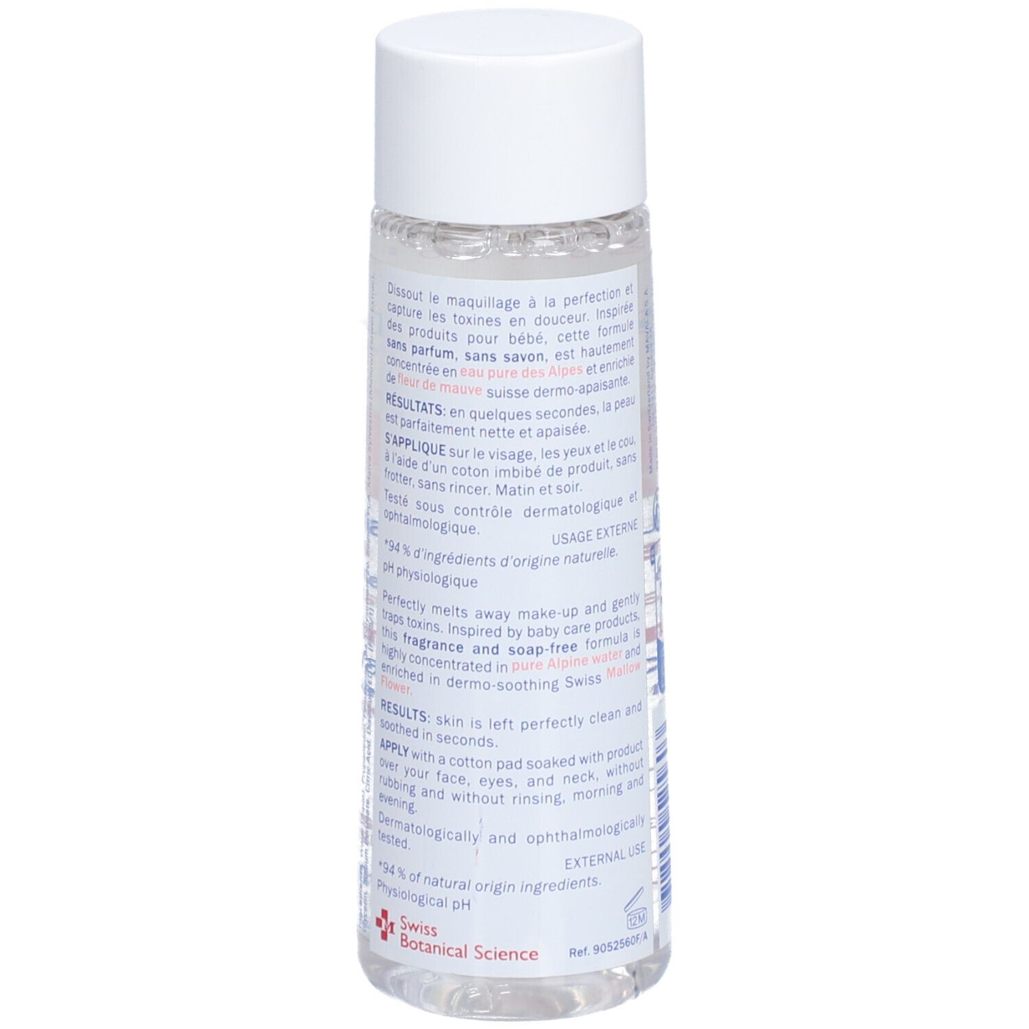 Dos du flacon. Texte: MAVALA, Clean & Comfort. Extraits de texte. Liquide transparent.