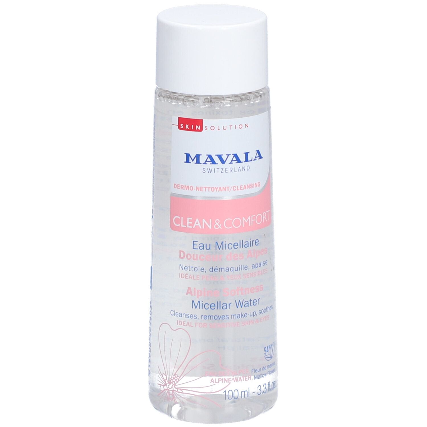 Flacon transparent à bouchon blanc. Inscription: MAVALA, Clean & Comfort Eau Micellaire. Étiquette rose, liquide clair.