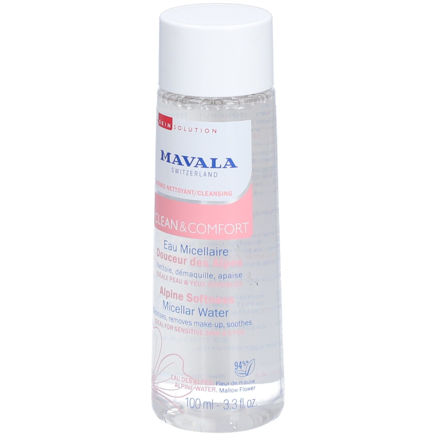 Flacon transparent à bouchon blanc. Inscription: MAVALA, Clean & Comfort Eau Micellaire. Étiquette rose, liquide clair.