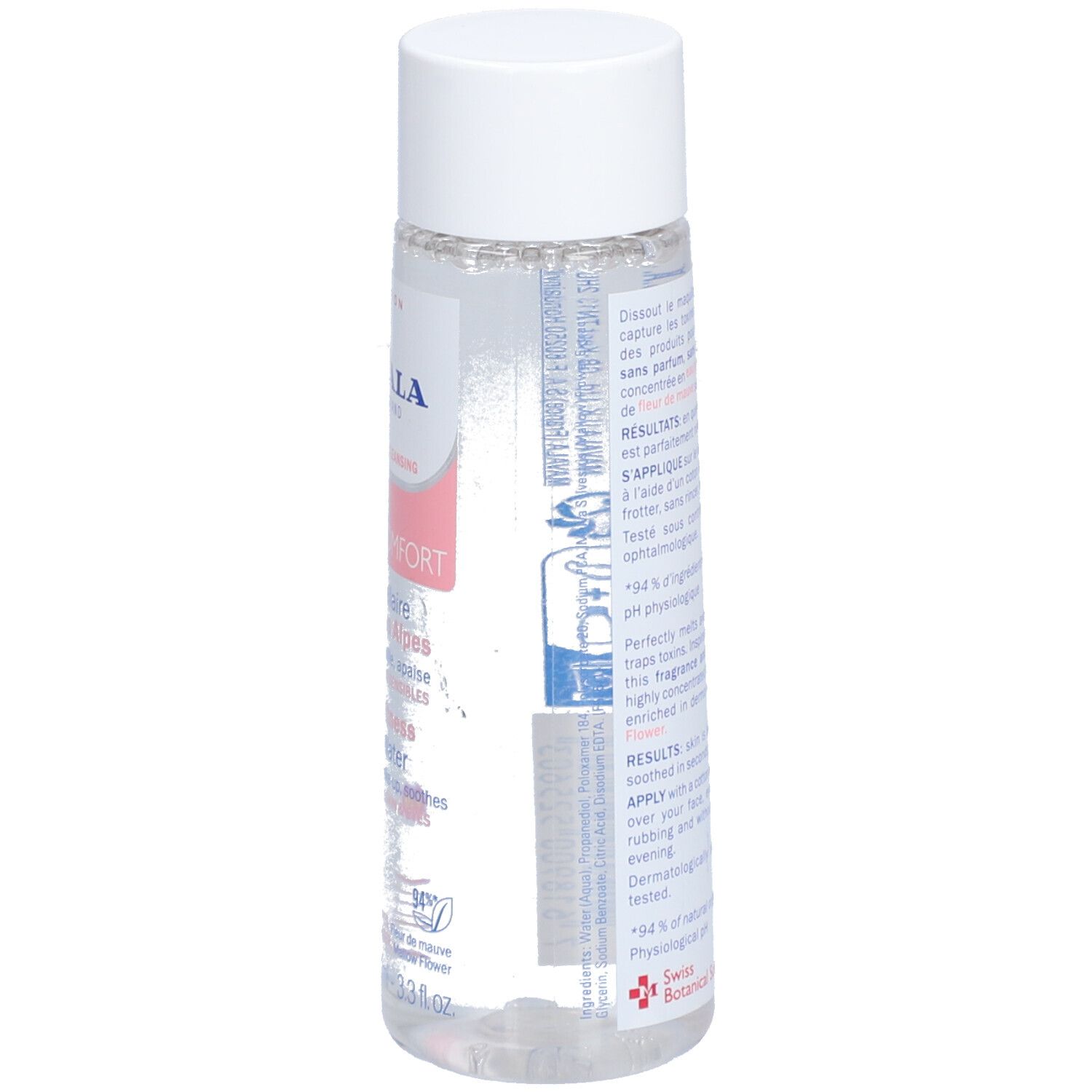 Dos du flacon. Texte: MAVALA, Clean & Comfort. Pictogrammes. Liquide transparent.