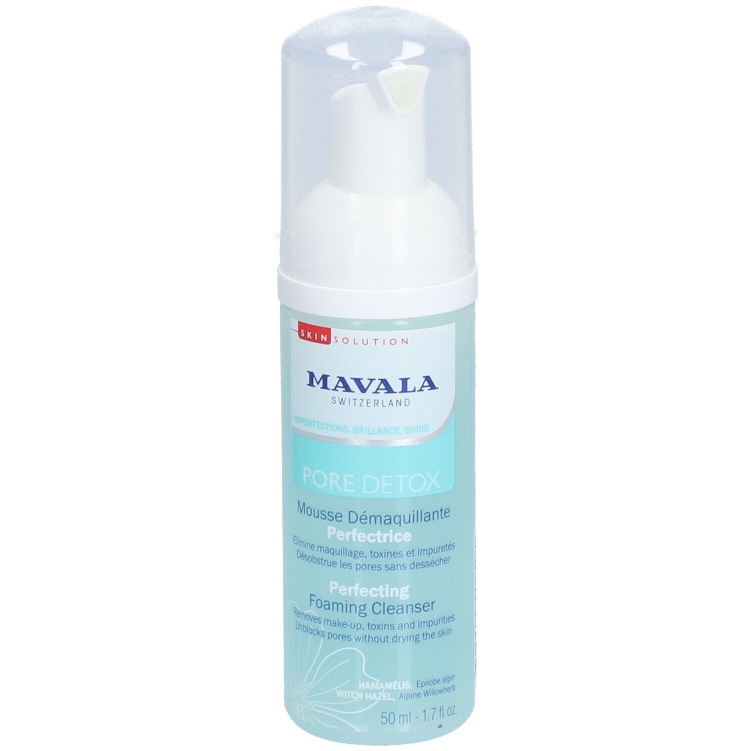 Mavala PORE DETOX, mousse nettoyante. Flacon blanc avec pompe et bouchon transparent. Étiquettes turquoise et blanches.
