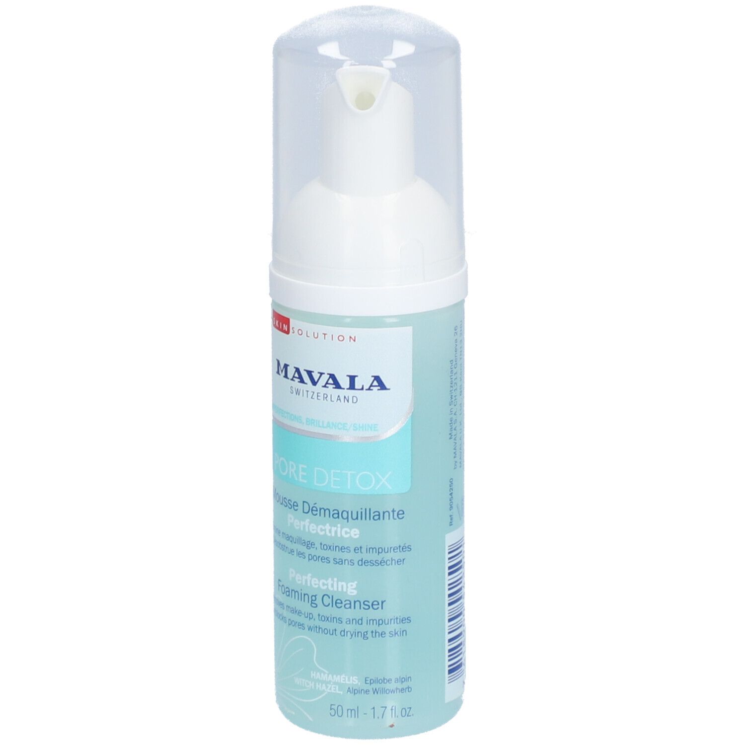 Mavala PORE DETOX, mousse nettoyante. Flacon blanc avec pompe et bouchon transparent. Étiquettes turquoise et blanches.