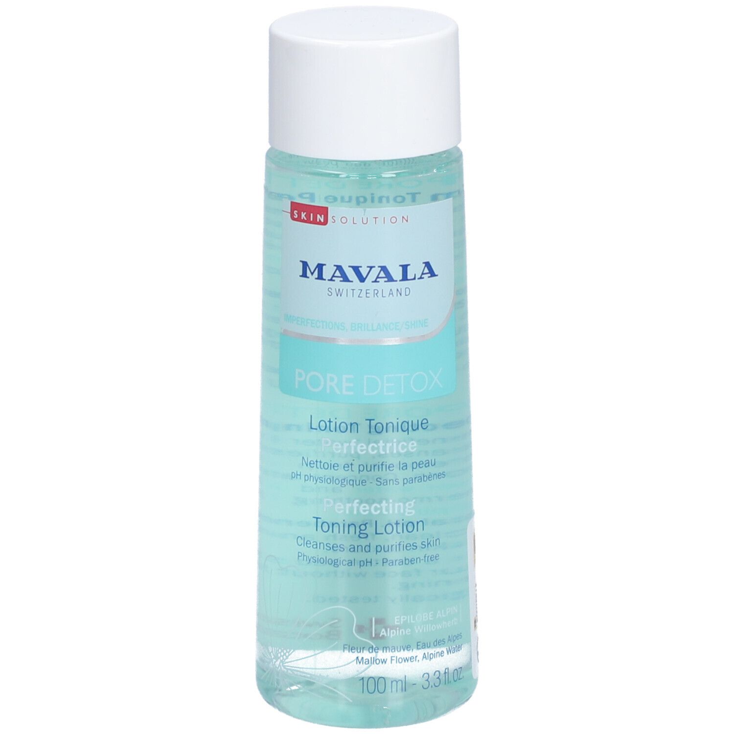 Flacon transparent avec bouchon blanc. Inscriptions: MAVALA, PORE DETOX, Lotion Tonique Perfectrice. 100ml.