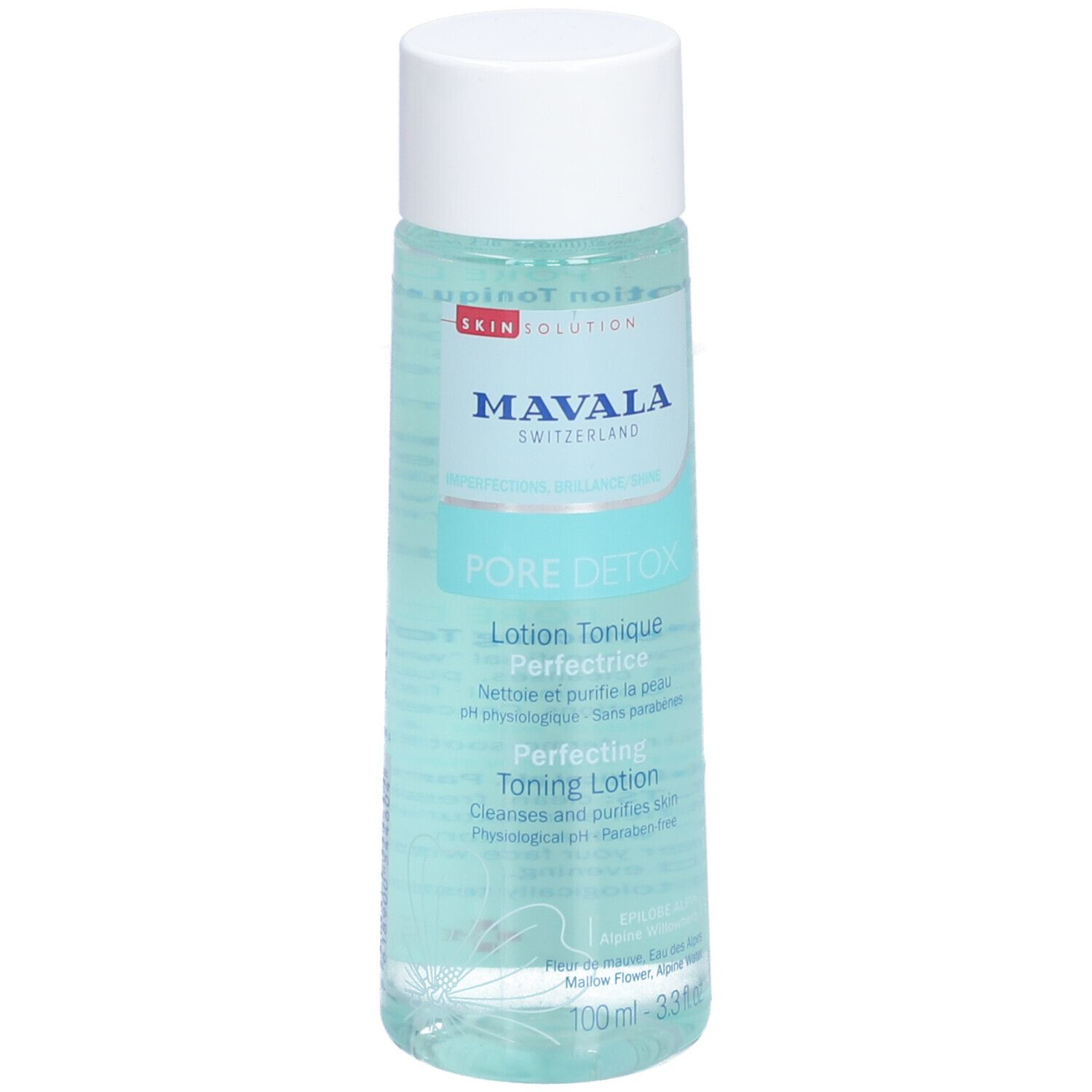 Flacon transparent avec bouchon blanc. Inscriptions: MAVALA, PORE DETOX, Lotion Tonique Perfectrice. 100ml.