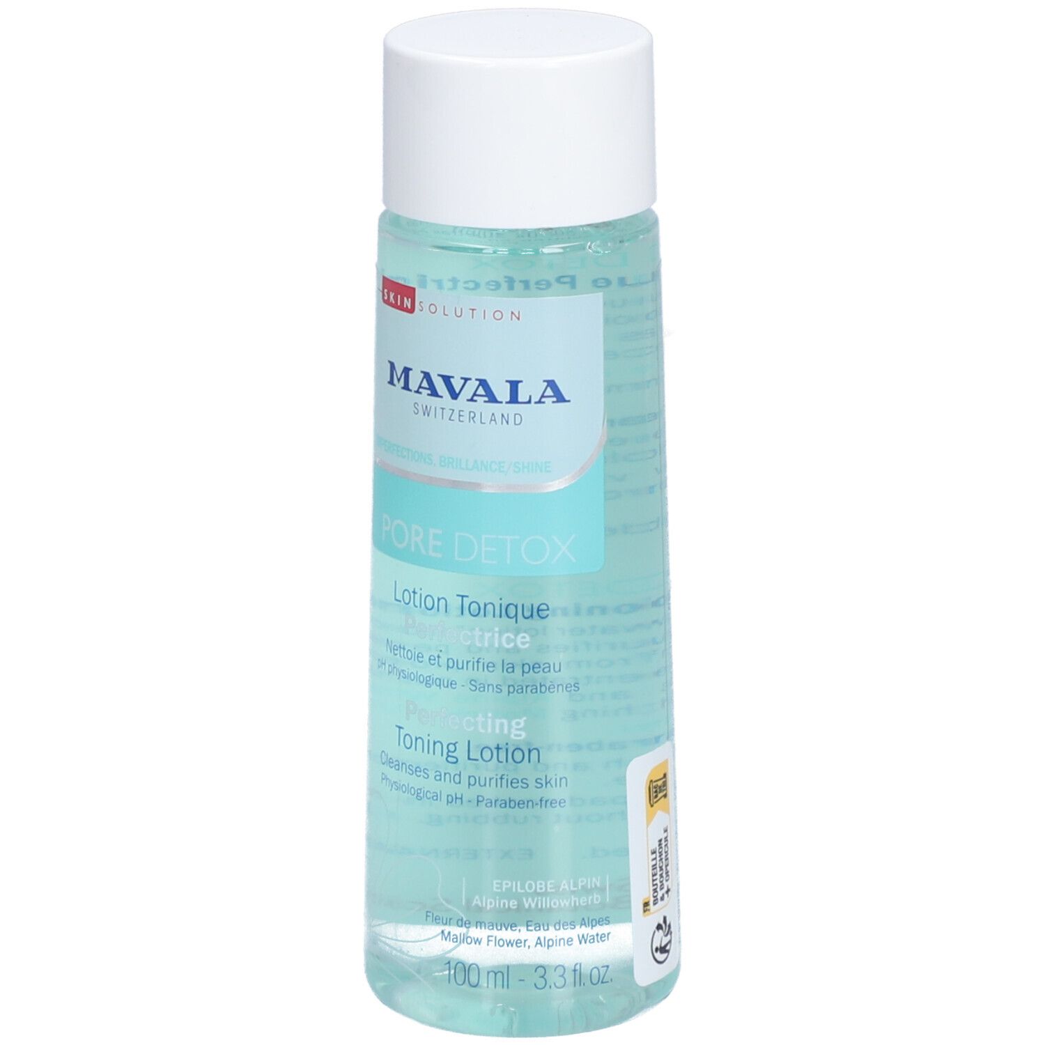 Flacon transparent avec bouchon blanc. Inscriptions: MAVALA, PORE DETOX, Lotion Tonique Perfectrice. 100ml.