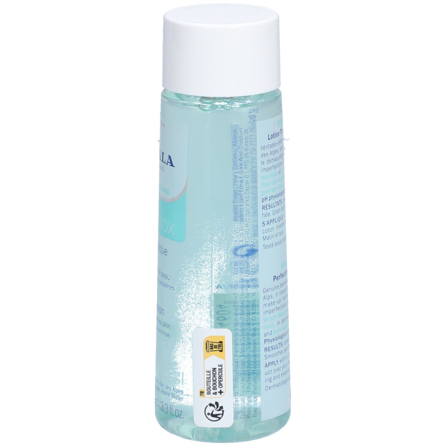 Dos du flacon. Texte multilingue. Symbole de recyclage et logo. Flacon avec bouchon blanc.