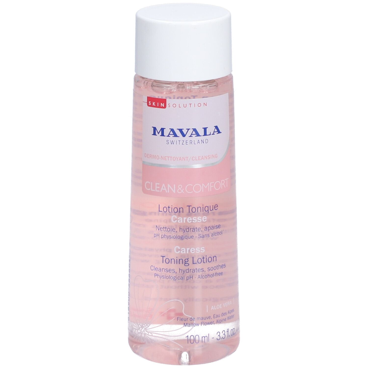 Petite bouteille rose avec bouchon blanc. Inscription: Mavala CLEAN & COMFORT, Lotion Tonique Caresse. 100ml.