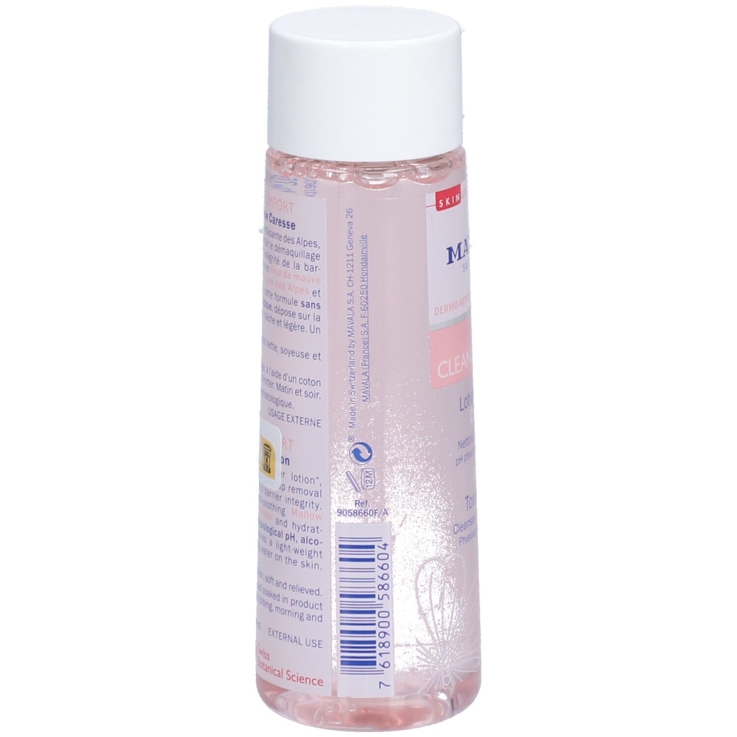 Bouteille rose avec bouchon blanc. Dos avec texte et code-barres. Inscription: Mavala CLEAN & COMFORT. 100ml.
