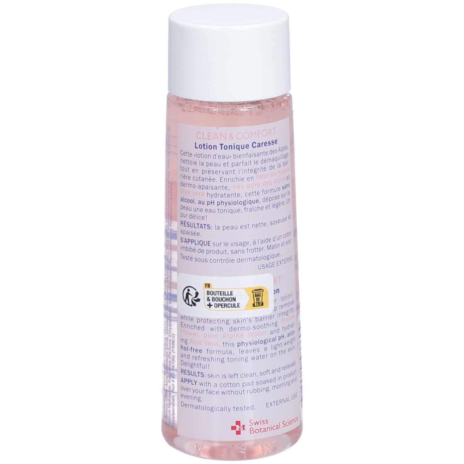 Bouteille rose avec bouchon blanc. Dos avec texte. Inscription: Mavala CLEAN & COMFORT, Lotion Tonique Caresse. 100ml.