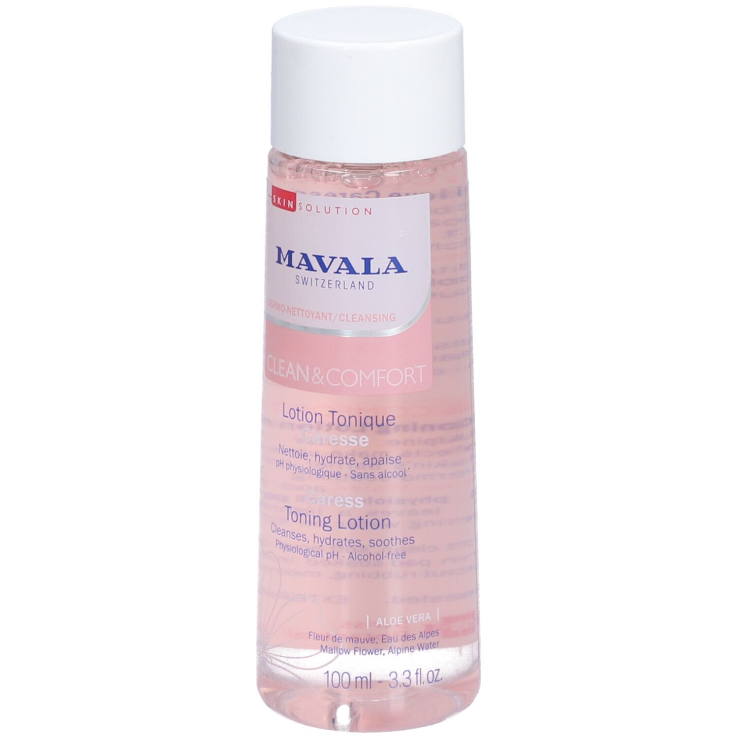 Bouteille rose avec bouchon blanc. Inscription: Mavala CLEAN & COMFORT, Lotion Tonique Caresse. 100ml. Avec Aloe Vera.