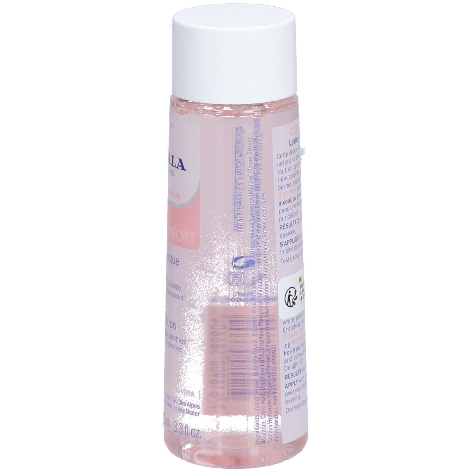 Bouteille rose avec bouchon blanc. Dos avec texte. Inscription: Mavala CLEAN & COMFORT. 100ml.