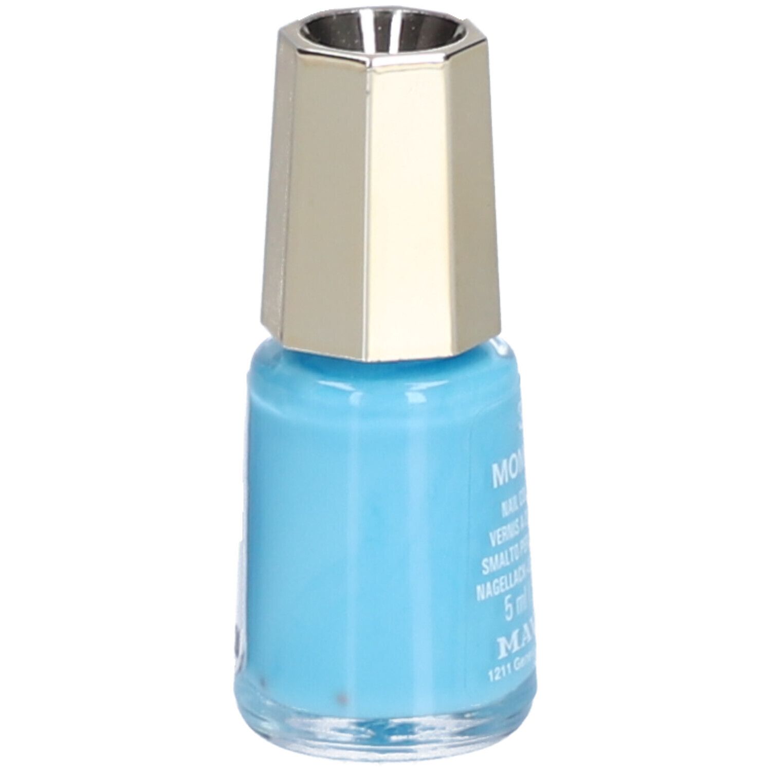 Flacon de vernis à ongles bleu clair avec bouchon doré. Inscription : Mombasa, Nail Color Cream, 5 ml.