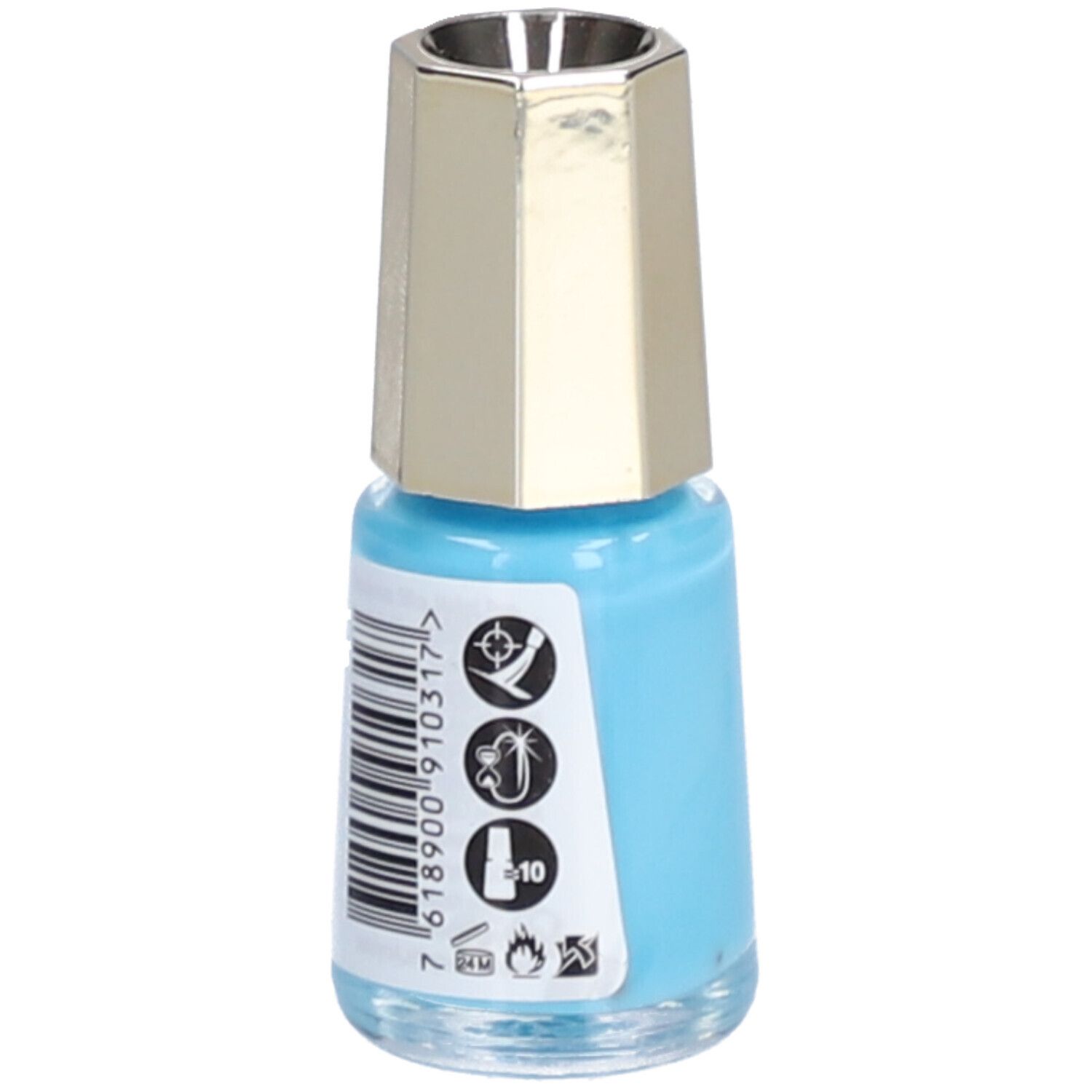 Flacon de vernis à ongles bleu clair avec bouchon doré. Dos avec code-barres et symboles.