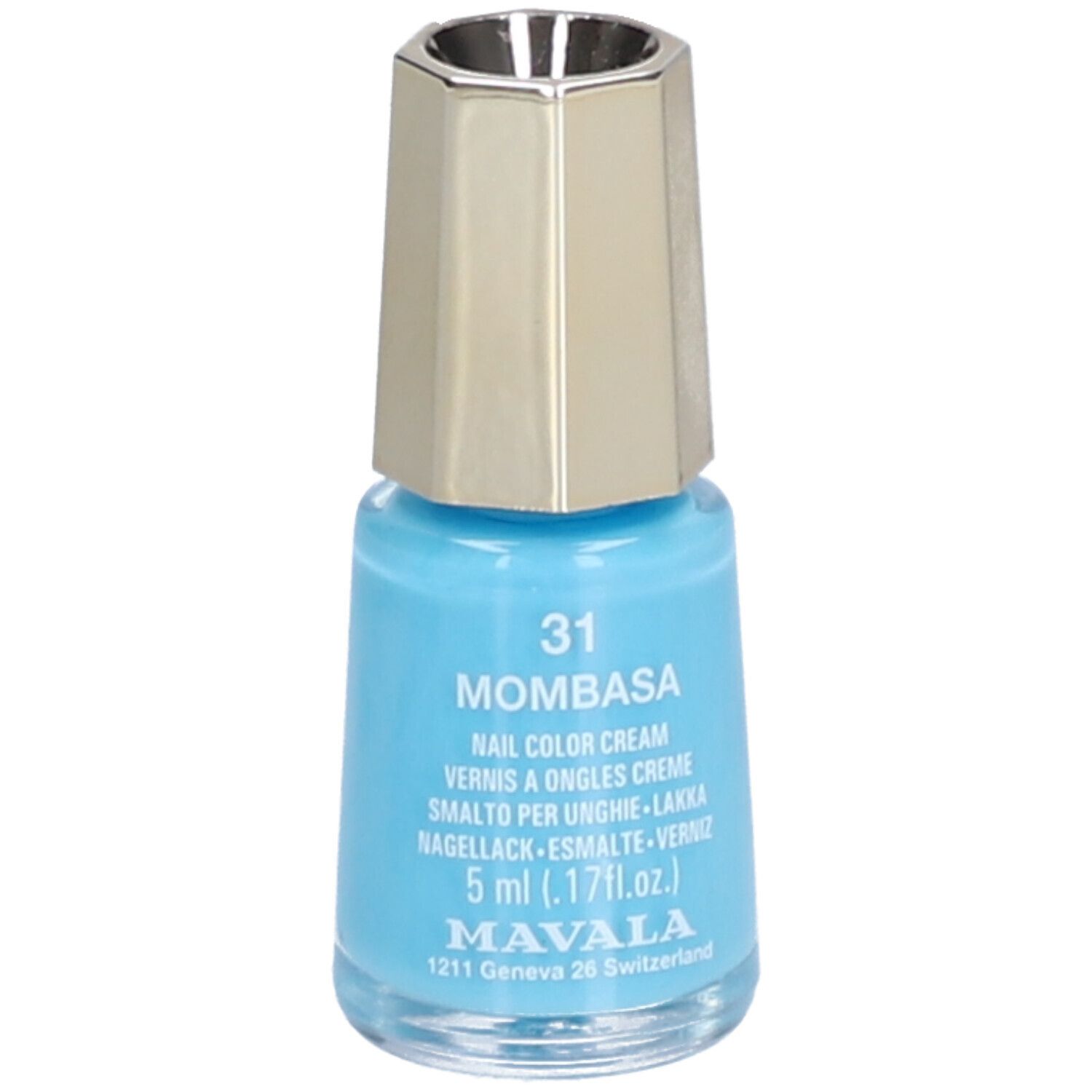 Flacon de vernis à ongles bleu clair avec bouchon doré. Inscription : 31 Mombasa, Nail Color Cream, 5 ml.
