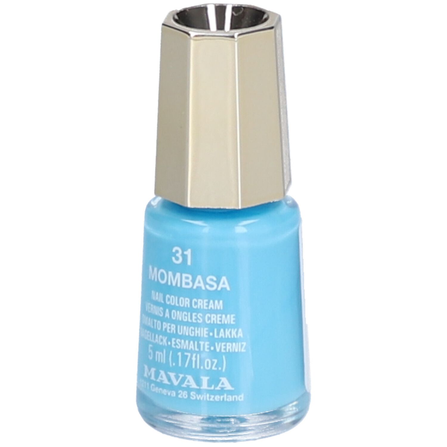 Flacon de vernis à ongles bleu clair avec bouchon doré. Inscription : 31 Mombasa, Nail Color Cream, 5 ml.