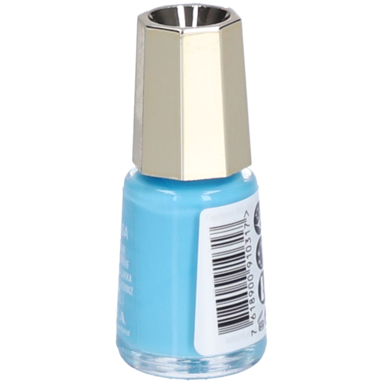 Flacon de vernis à ongles bleu clair avec bouchon doré. Dos avec code-barres et symboles.