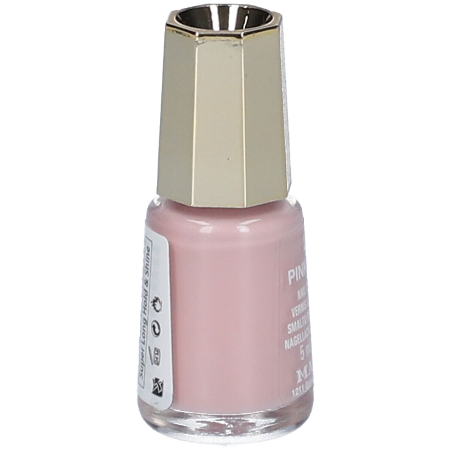Rosa Nagellack in Glasflasche mit goldfarbenem Deckel. Etikett mit Produktinformationen.