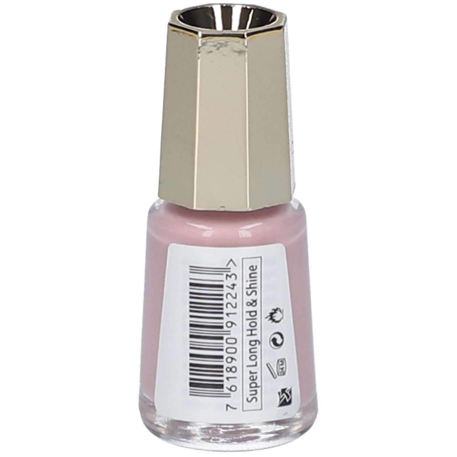 Eine Flasche hellrosa Nagellack mit einem achteckigen, goldfarbenen Deckel. Etikett mit Barcode und "Super Long Hold & Shine".