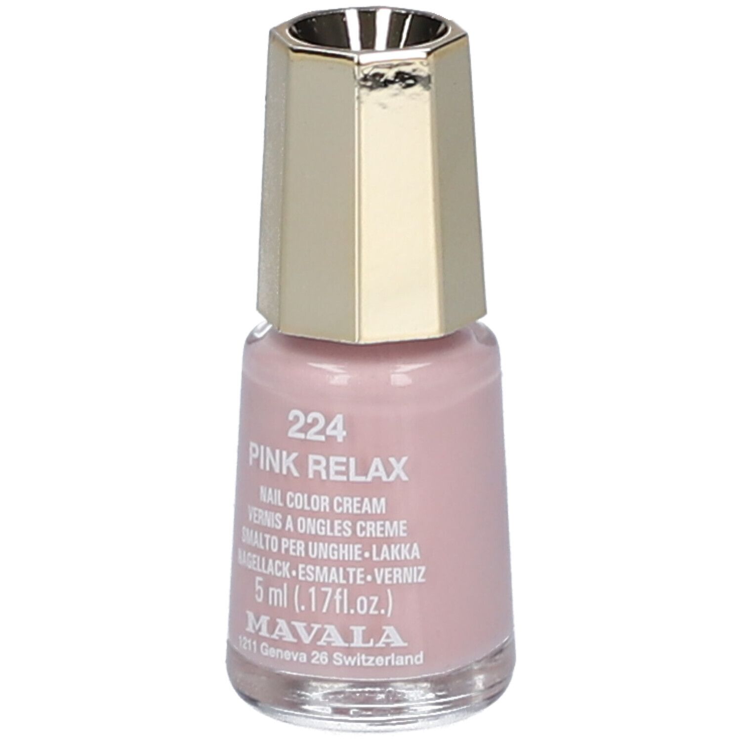 Mavala Nagellack 224 Pink Relax, 5ml. Rosa Nagellack in Glasflasche mit goldenem Deckel.